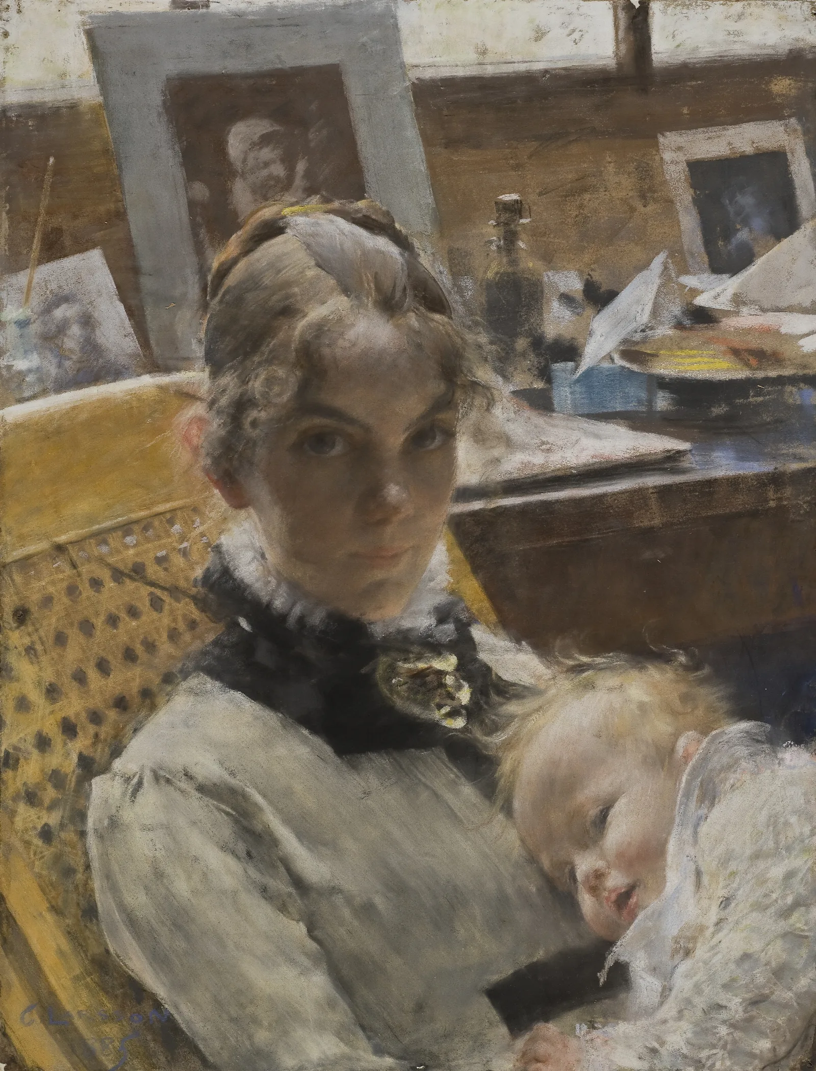 A Studio Idyll The Artists Wife And Their Daughter Wall Art by Carl Larsson - Canvas Print