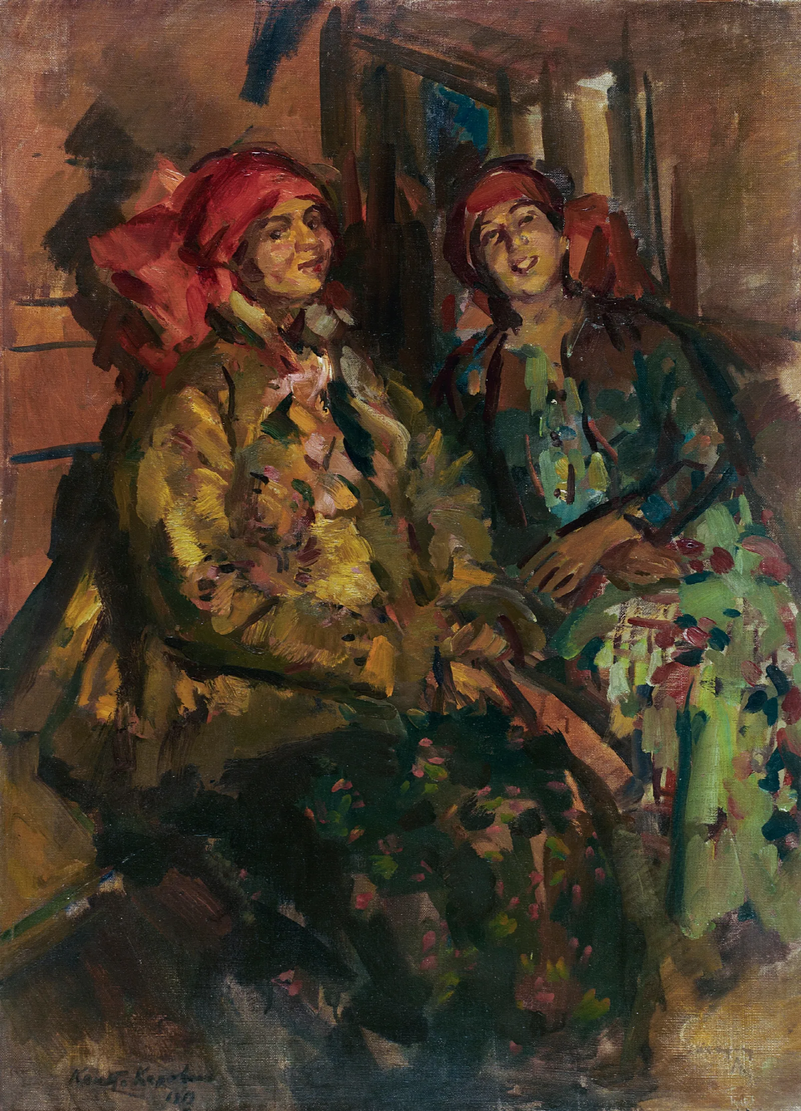 Two Girls In Peasant Costumes Wall Art by Konstantin Alexeevich Korovin - Canvas Print