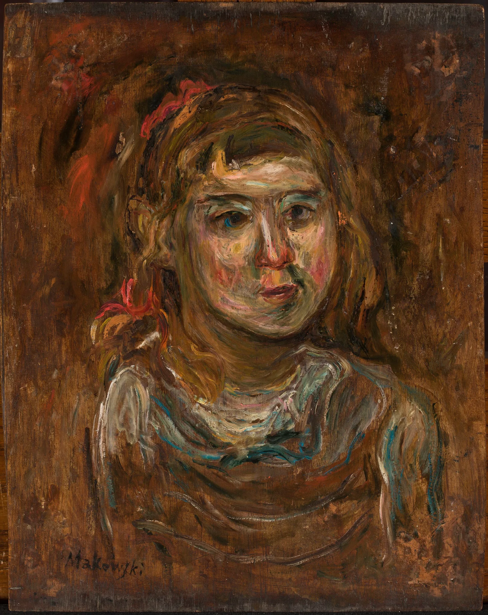 Little Girl With A Red Ribbon Wall Art by Tadeusz Makowski - Canvas Print