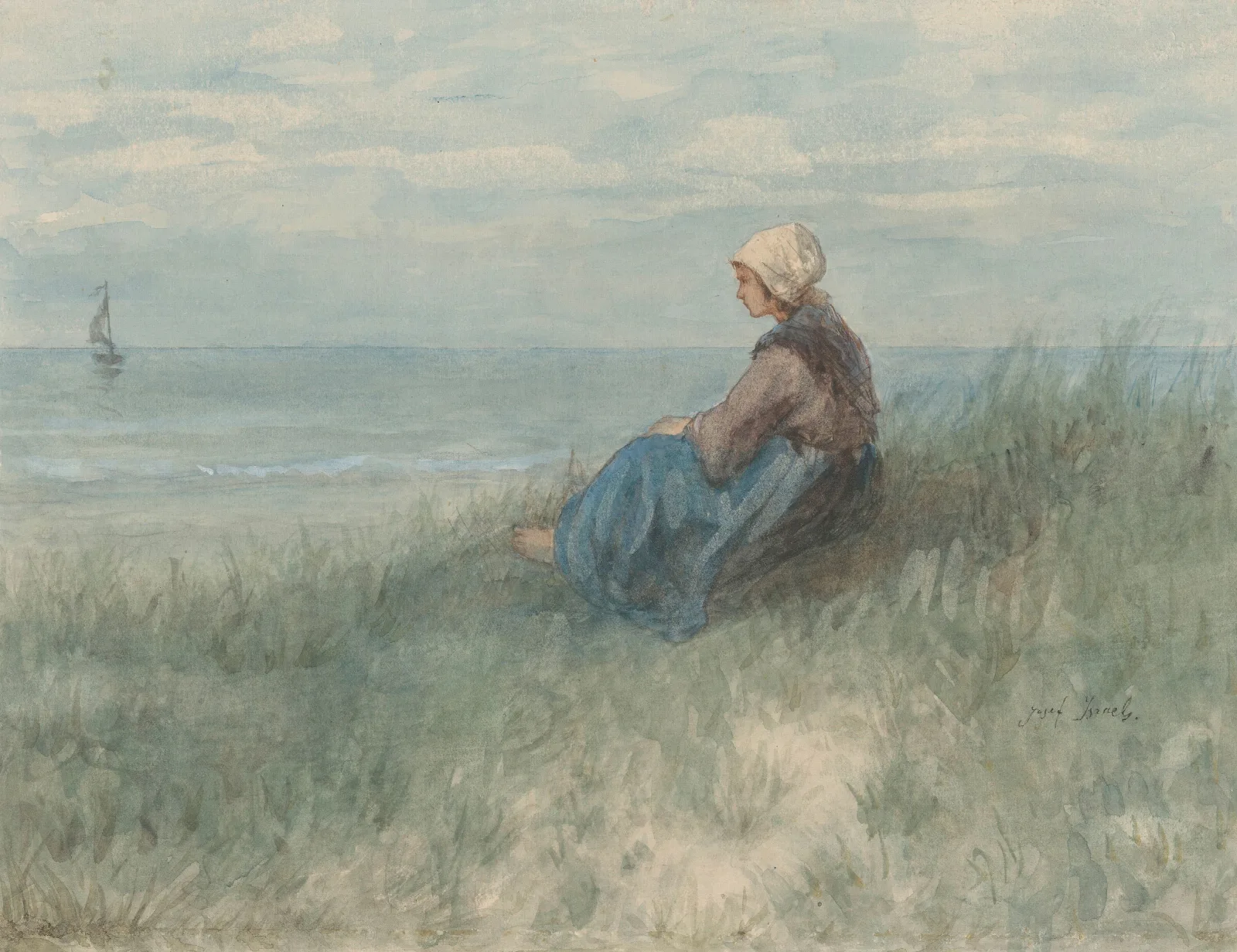 Een Vrouw Zit Op Een Duin Naar Zee Te Kijken Wall Art by Jozef Israëls - Canvas Print