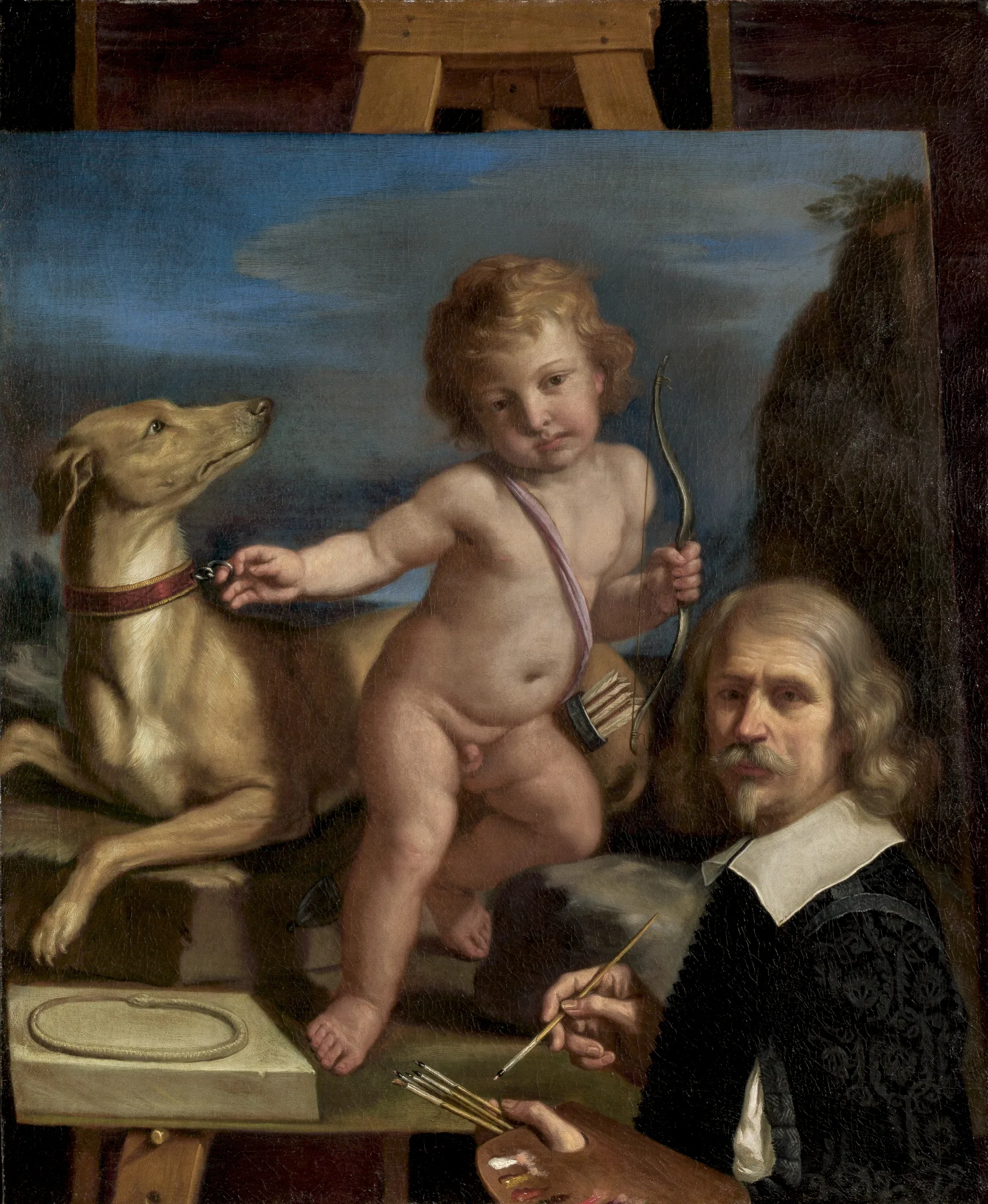 Self Portrait Before A Painting Of Amor Fedele Wall Art by Guercino - Canvas Print