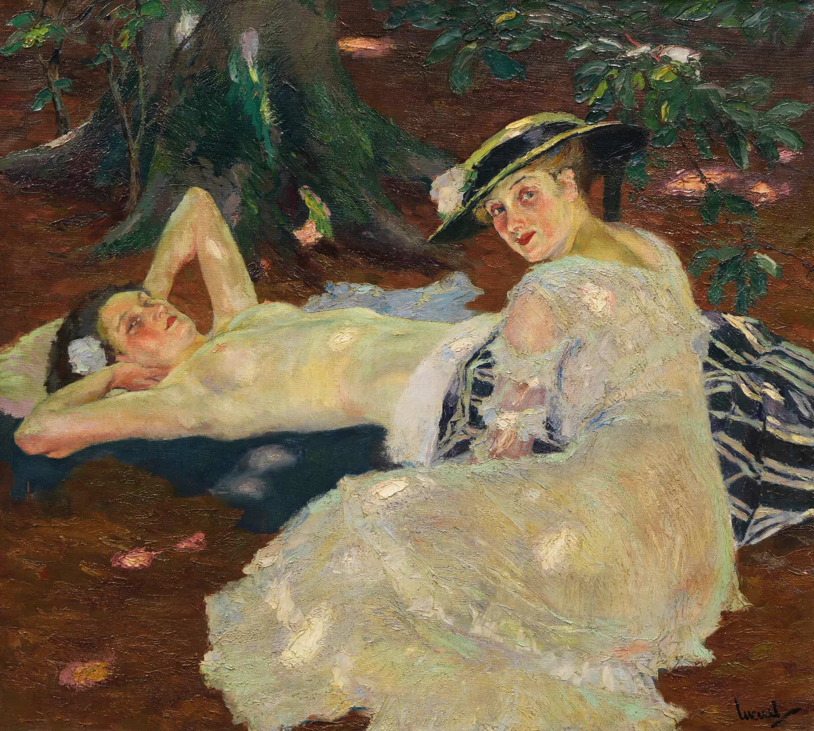 Hot Day Two Ladies Beneath The Trees Wall Art by Edward Cucuel - Canvas Print