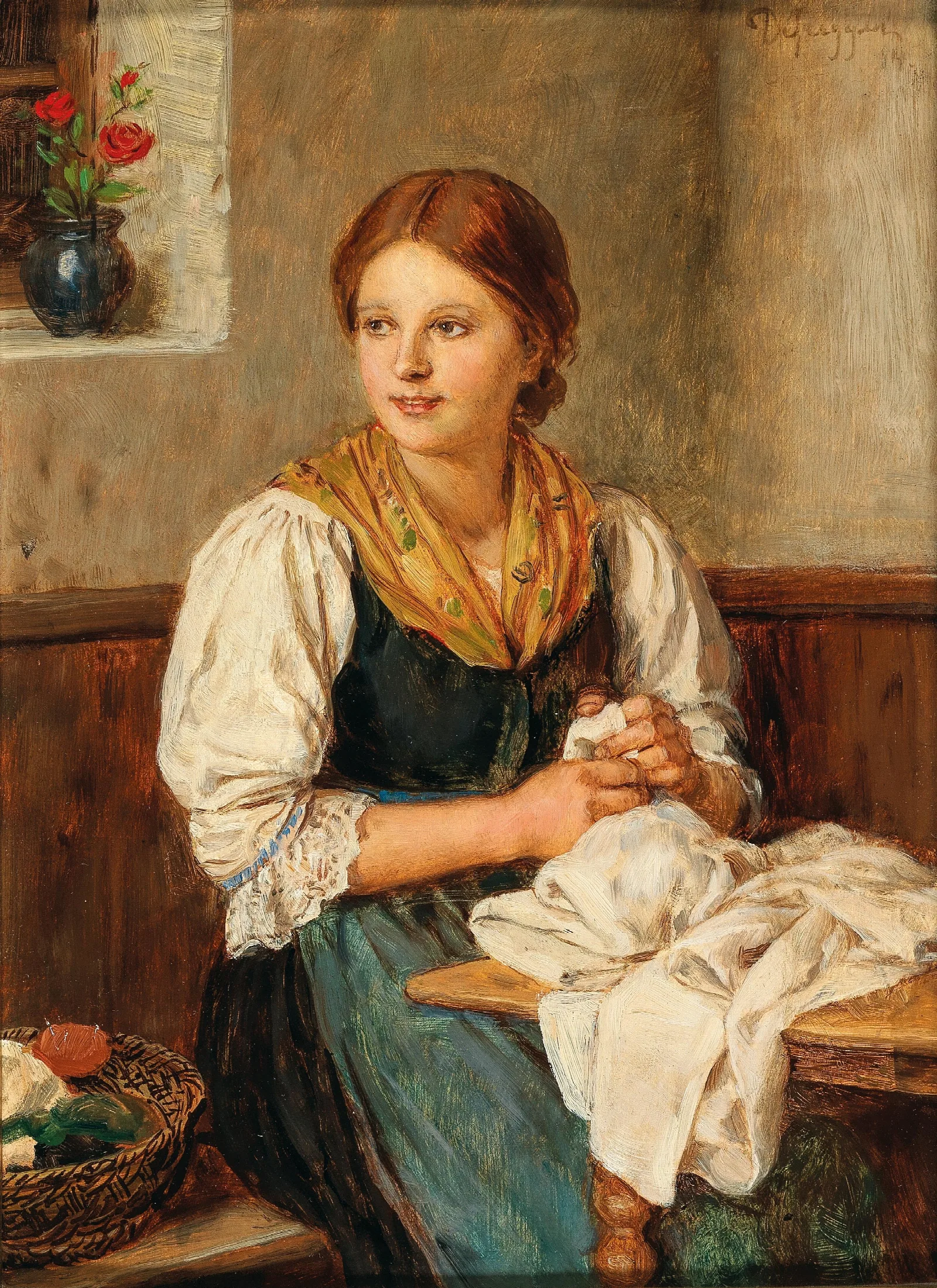 A Young Girl In Traditional Costume Sewing At Home Wall Art by Franz von Defregger - Canvas Print