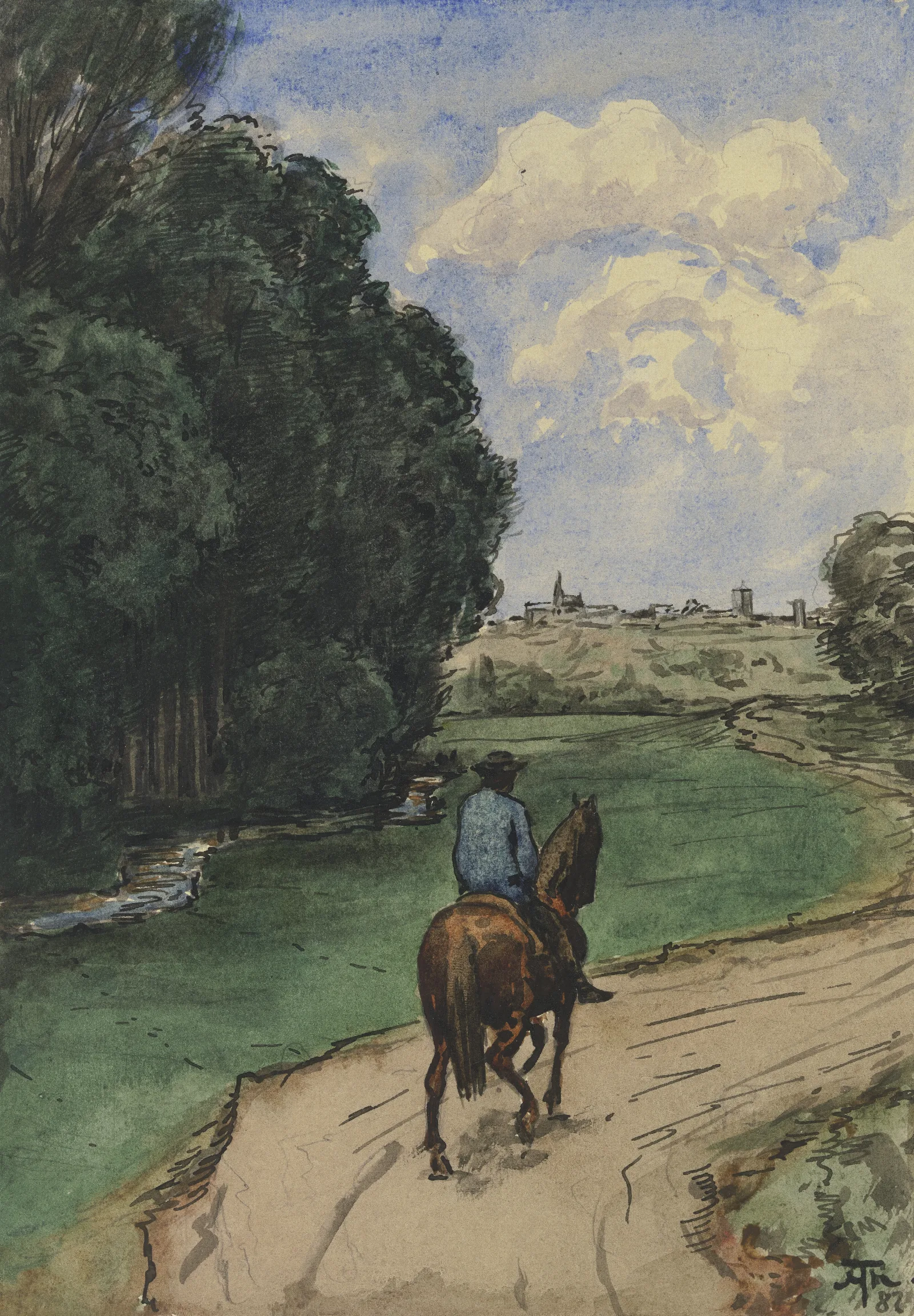 Am Waldesrand Reiter Auf Einem Wege Bildeinwarts Wall Art by Hans Thoma - Canvas Print
