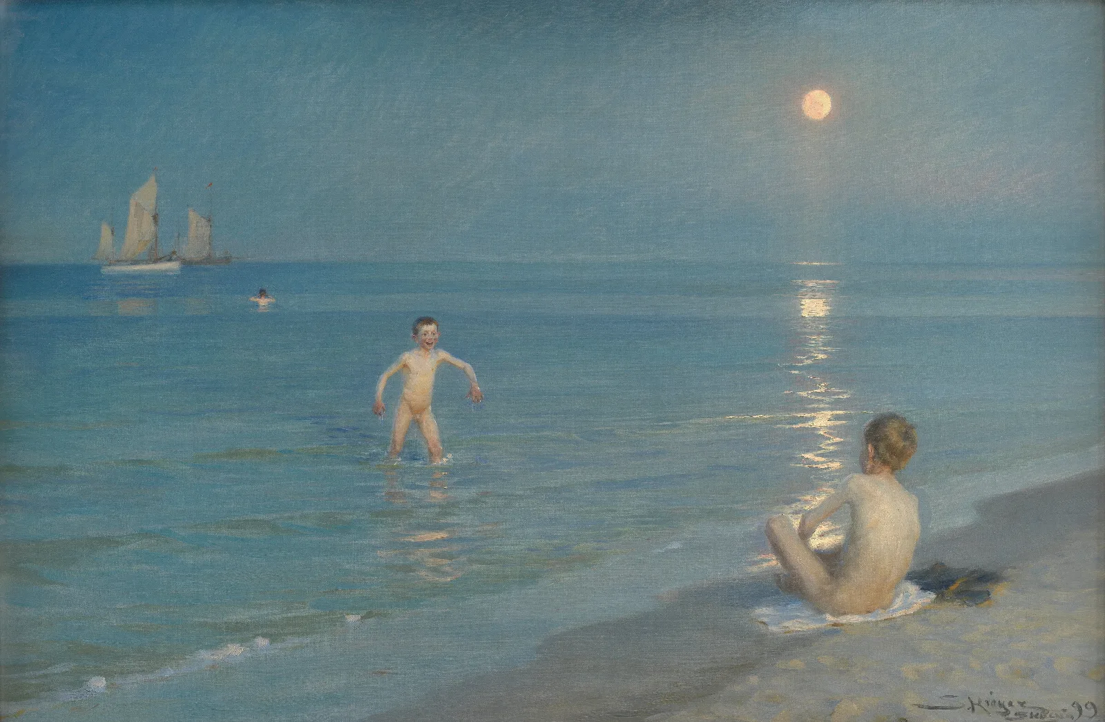 Boys Bathing At Skagen Summer Evening Wall Art by Peder Severin Krøyer - Canvas Print