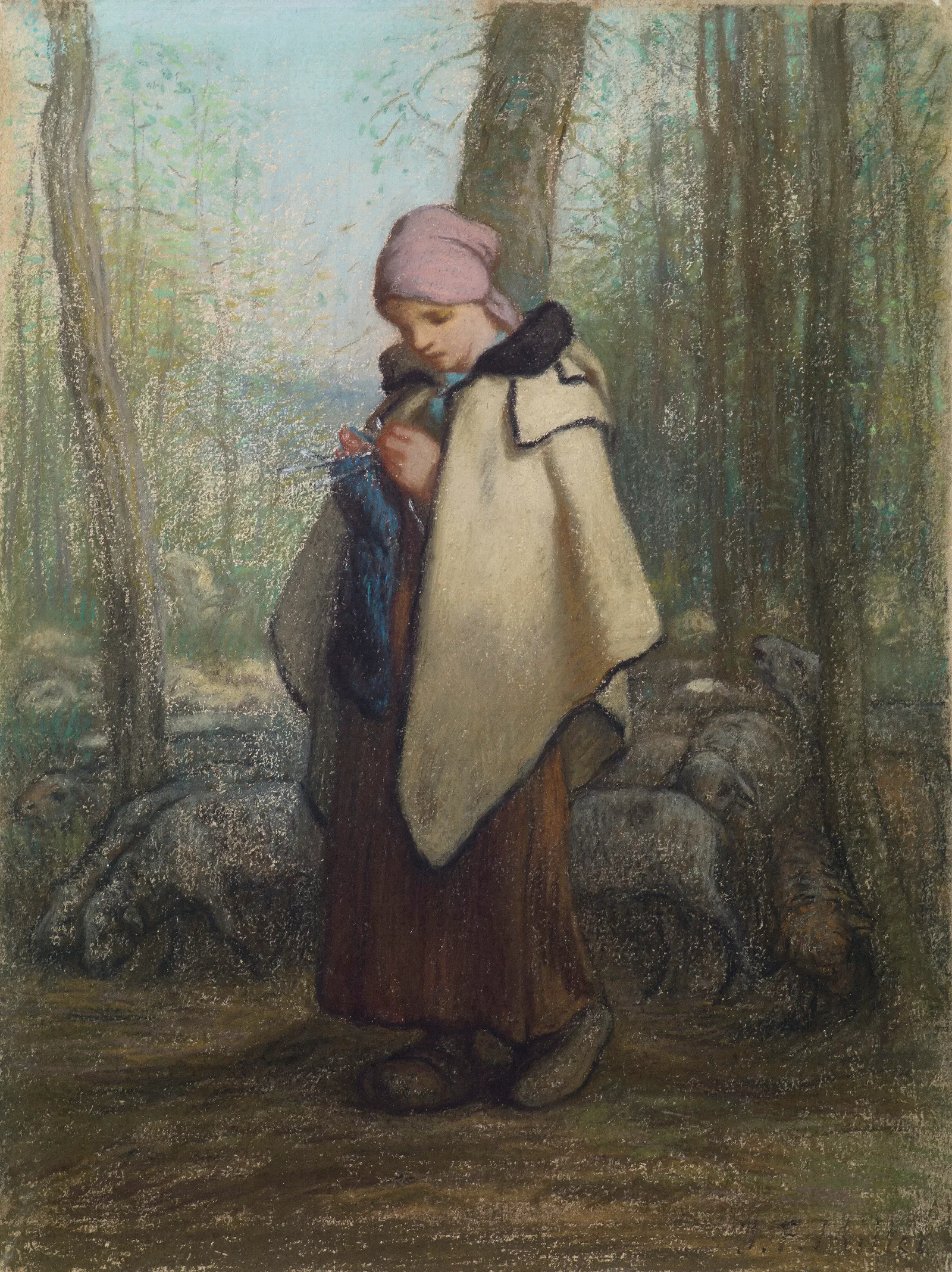 The Knitting Shepherdess Wall Art by Jean-François Millet - Canvas Print