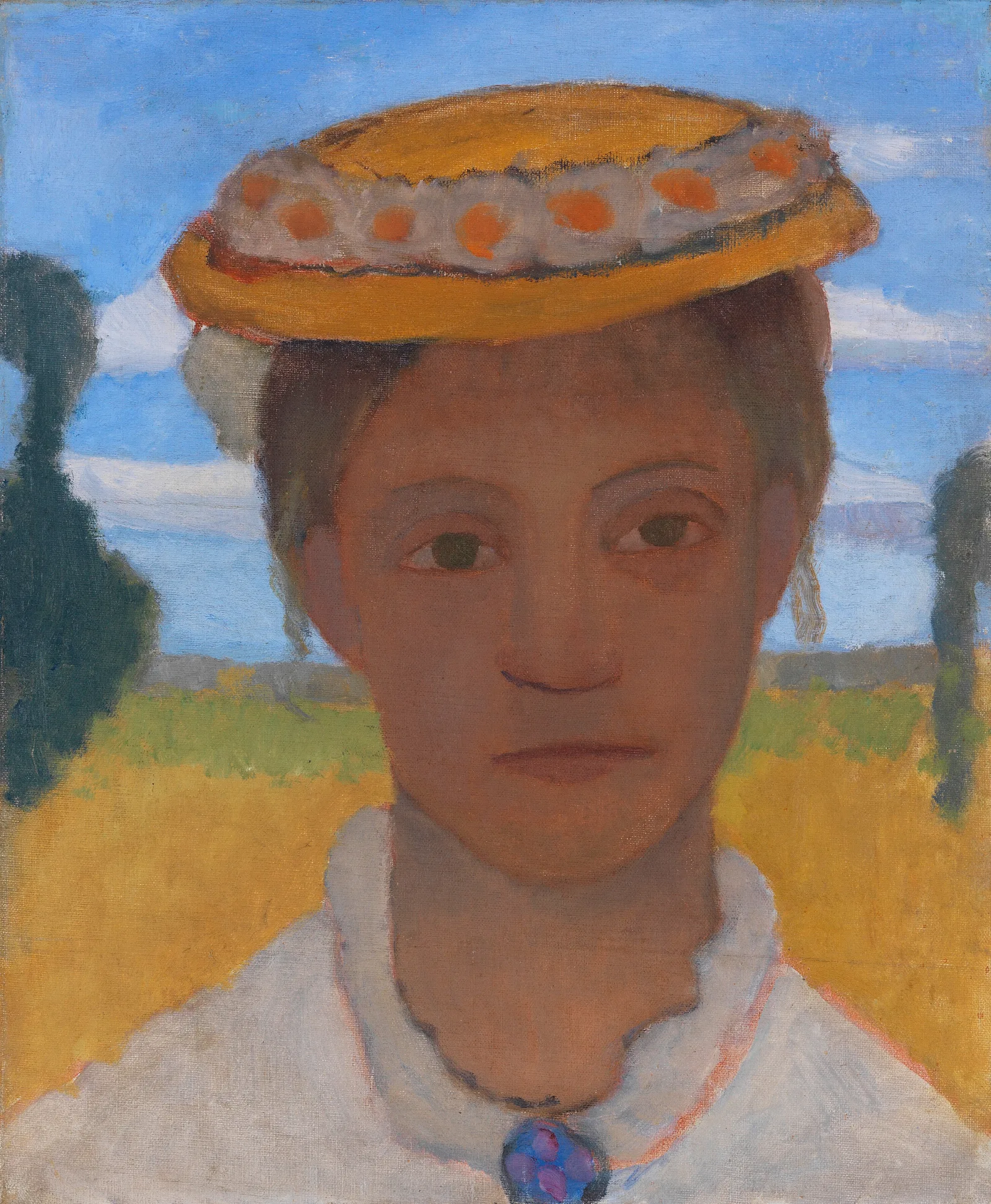 Kopf Der Schwester Herma Mit Marienblumchenkranz Auf Dem Hut Wall Art by Paula Modersohn-Becker - Canvas Print