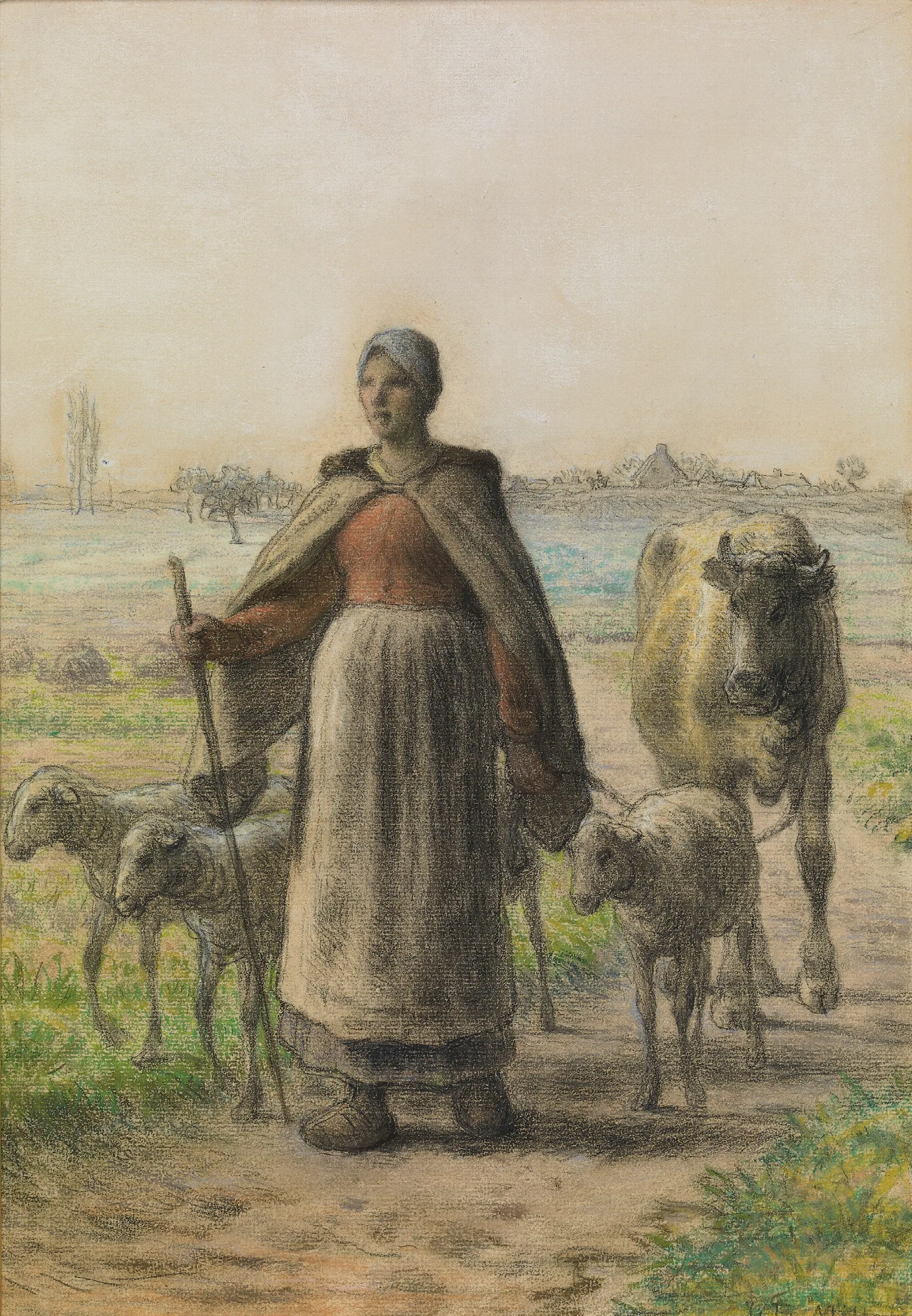 Paysanne Conduisant Aux Champs Sa Vache Et Ses Moutons Wall Art by Jean-François Millet - Canvas Print