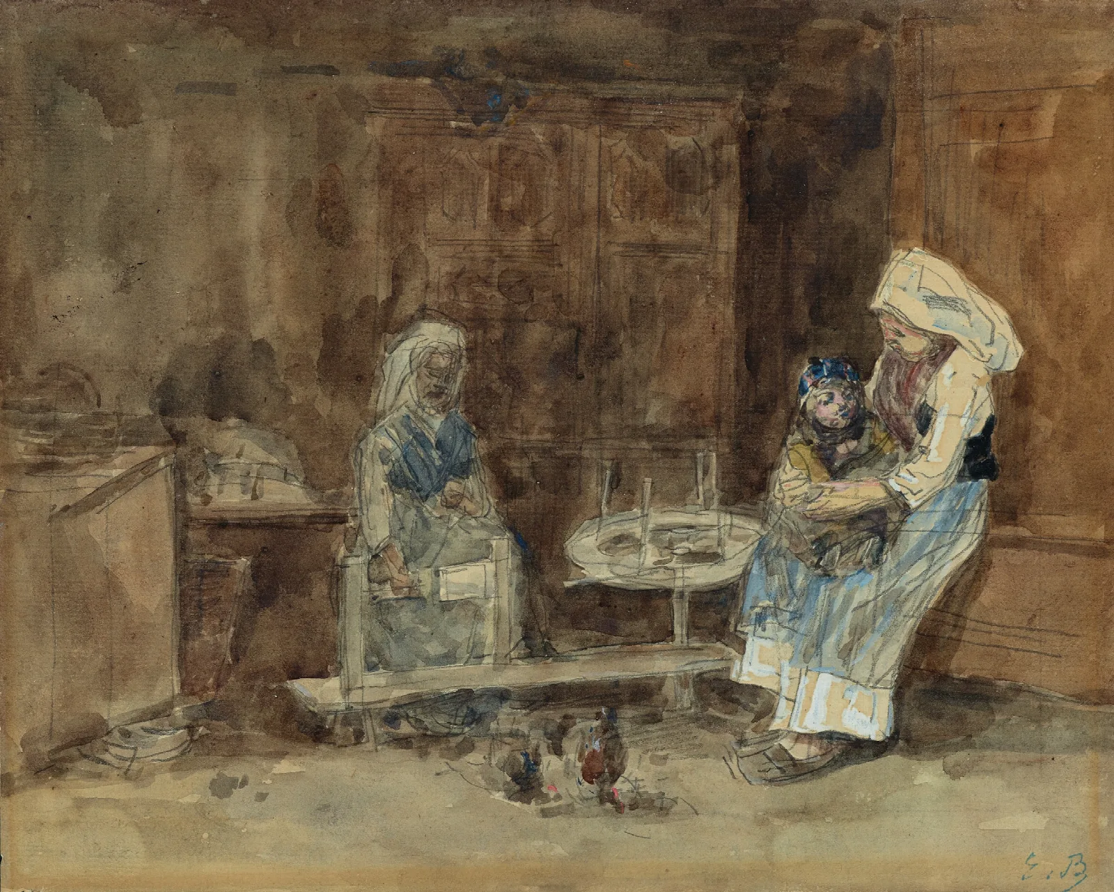 Interieur Breton Maternite Wall Art by Eugène Boudin - Canvas Print