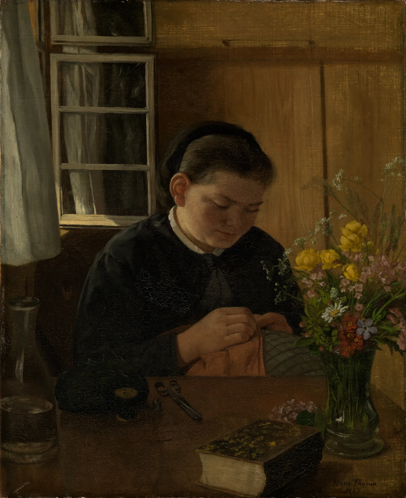 Sewing Girl Wall Art by Hans Thoma - Canvas Print
