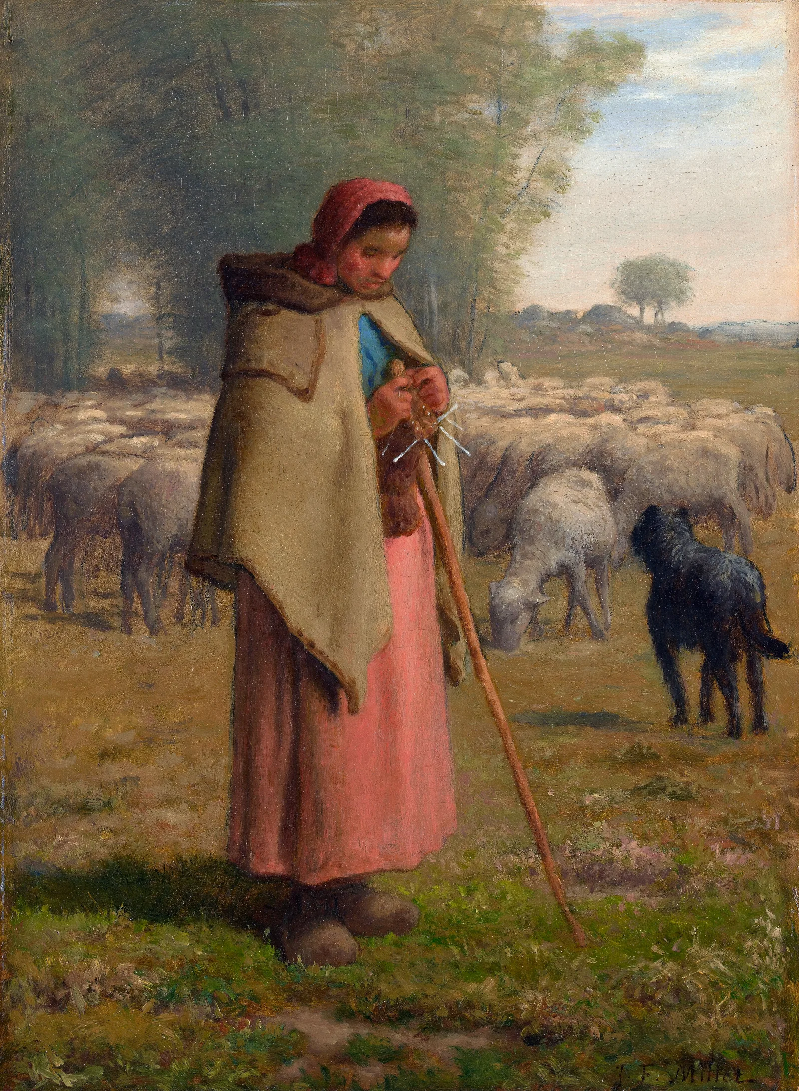 Young Girl Guarding Her Sheep Wall Art by Jean-François Millet - Canvas Print