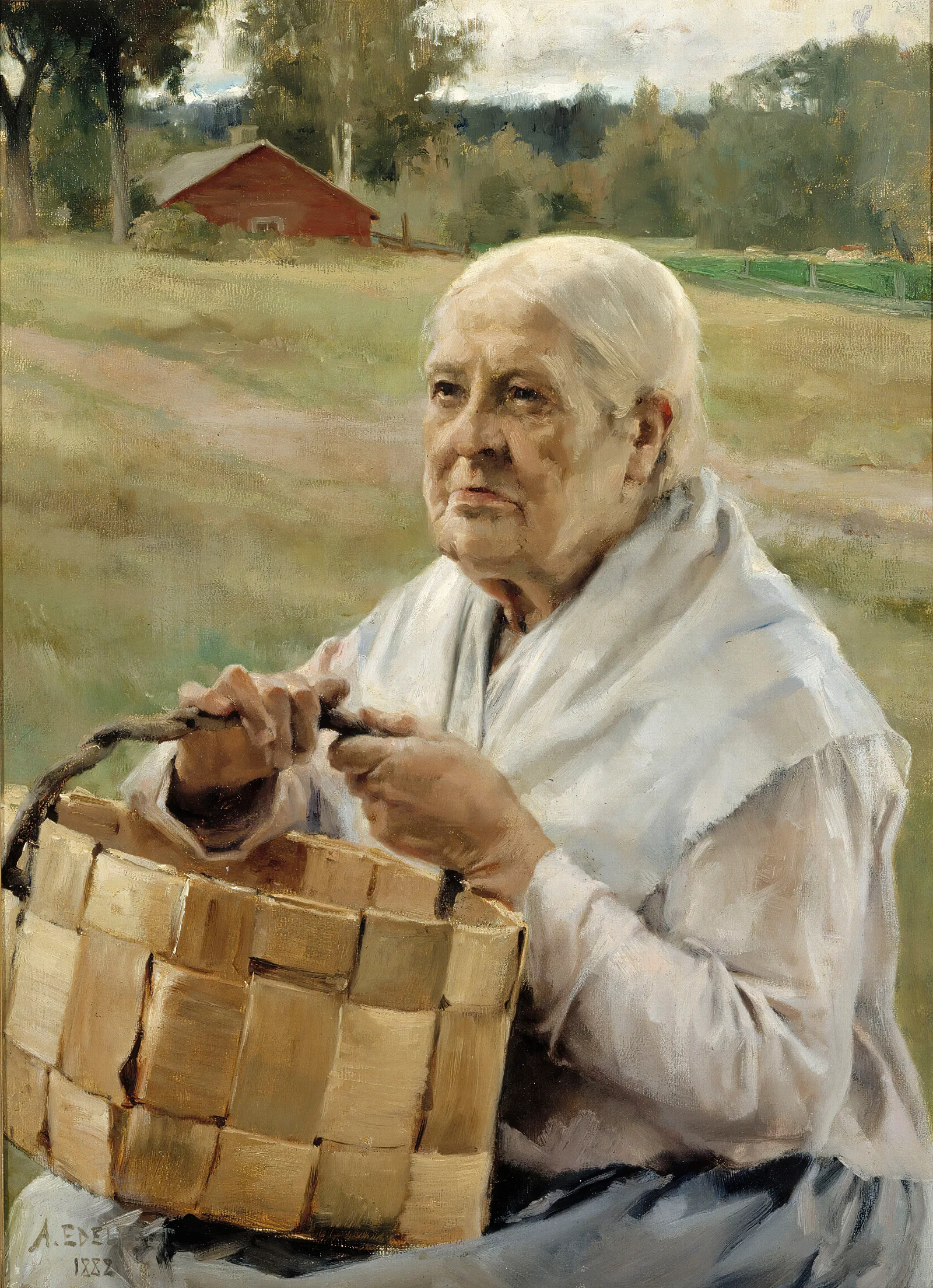 Old Woman With A Chip Basket Wall Art by Albert Edelfelt - Canvas Print