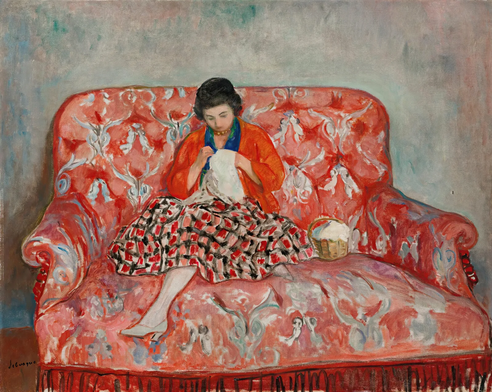 Jeune Fille Cousant Sur Un Canape Wall Art by Henri Lebasque - Canvas Print