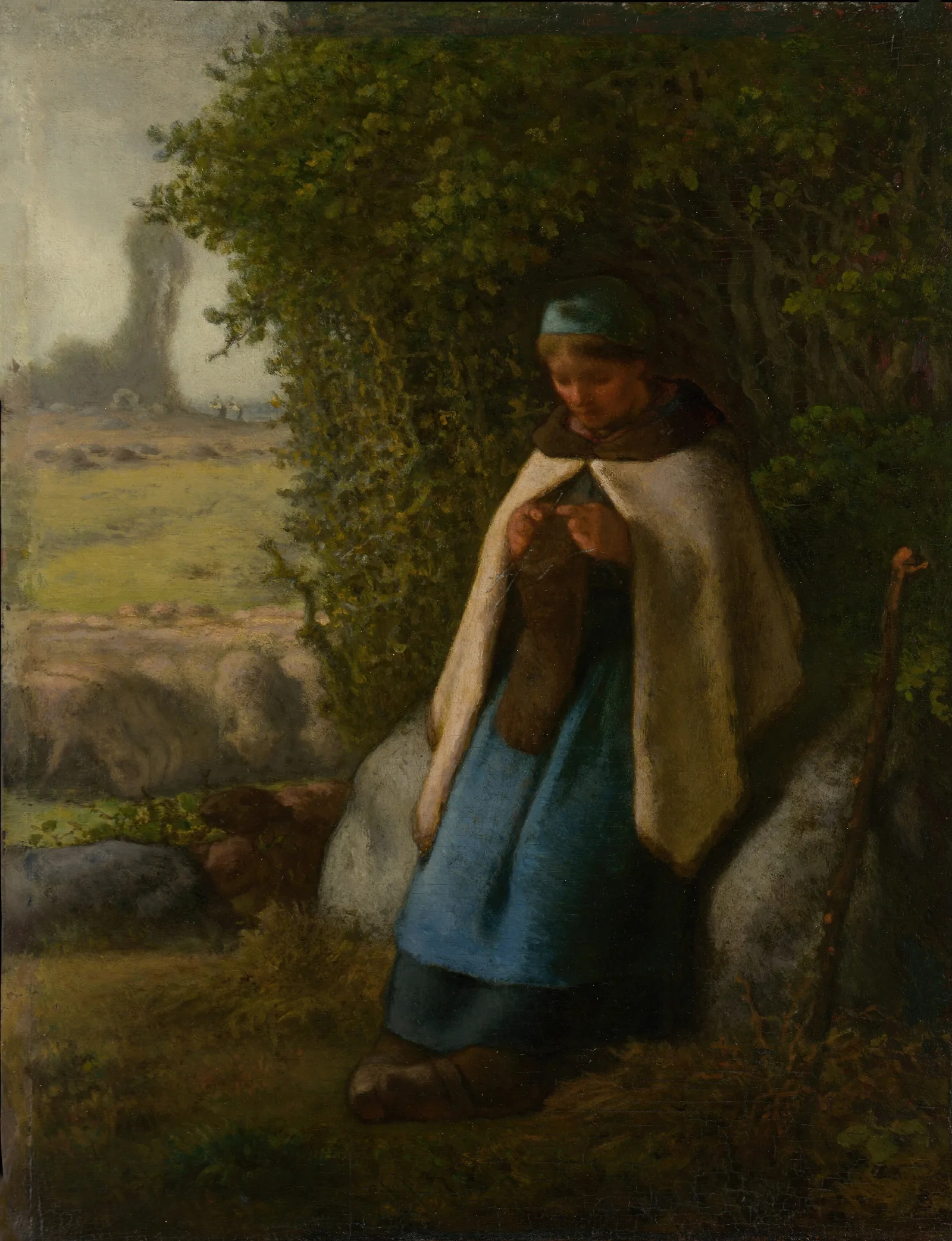 Shepherdess Seated On A Rock Wall Art by Jean-François Millet - Canvas Print