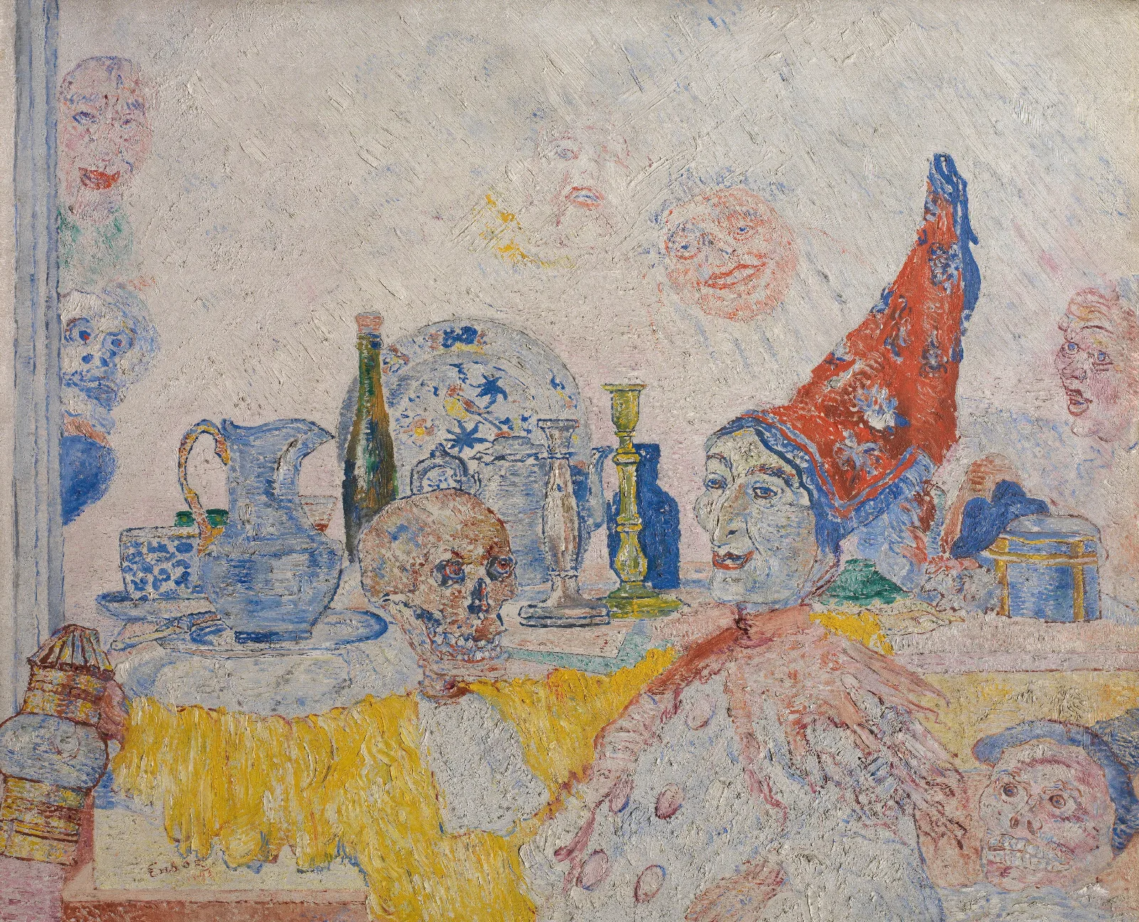 Pierrot And Skeleton In A Yellow Robe Wall Art by James Ensor - Canvas Print