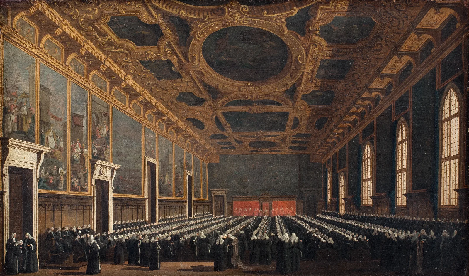 The Doge And Grand Council In Sala Del Maggior Consiglio Wall Art by Canaletto - Canvas Print