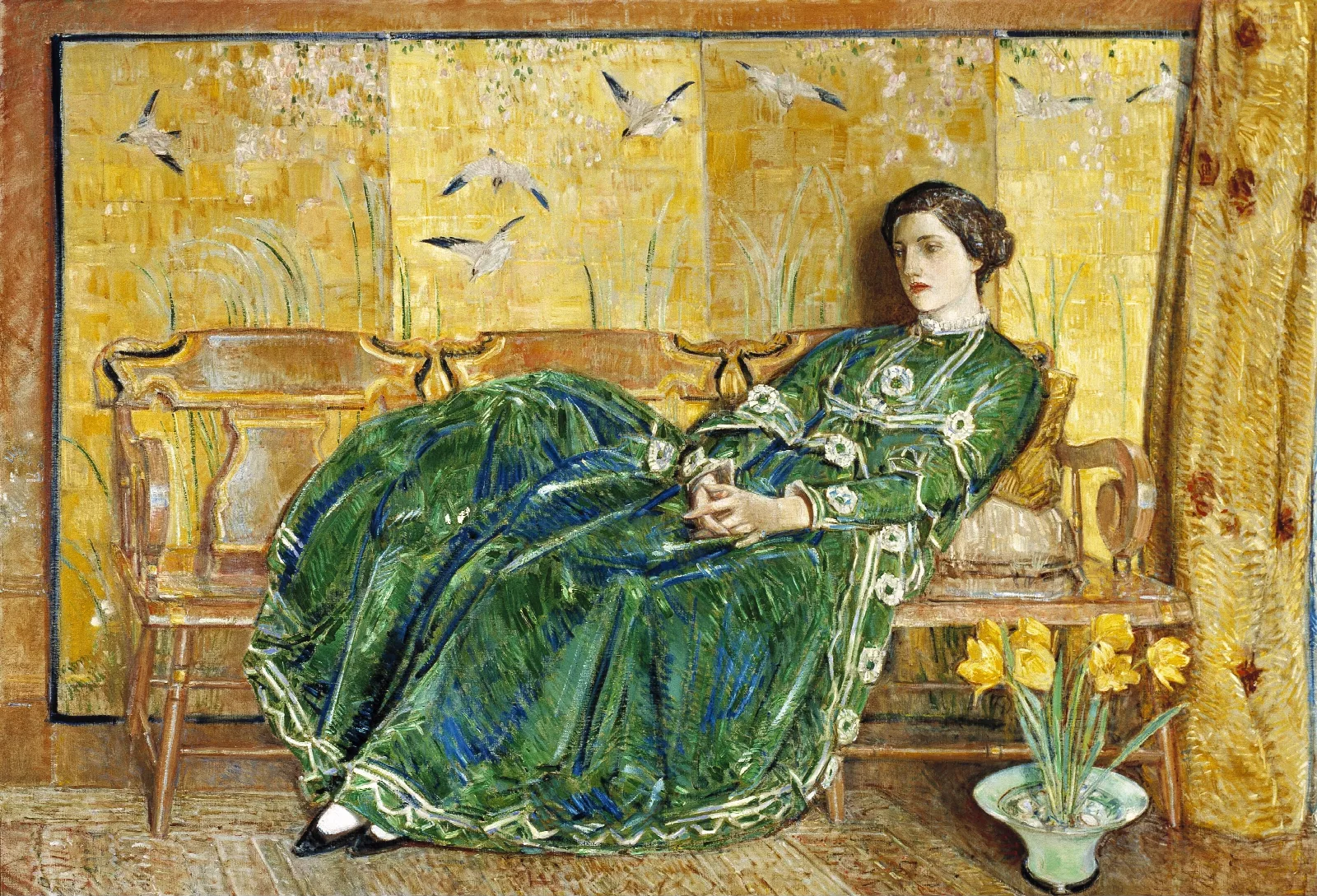April The Green Gown Wall Art by Childe Hassam - Canvas Print