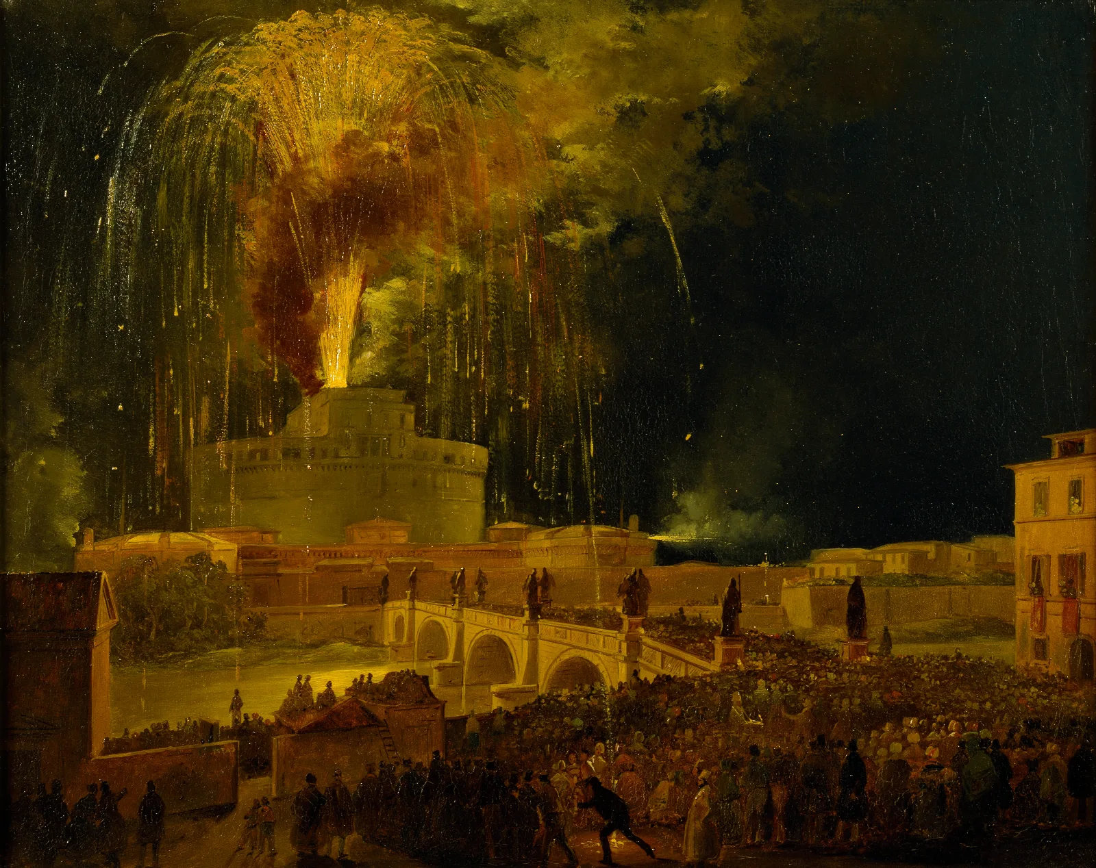 La Girandola Fireworks From Castel Santangelo In Rome Wall Art by Ippolito Caffi - Canvas Print