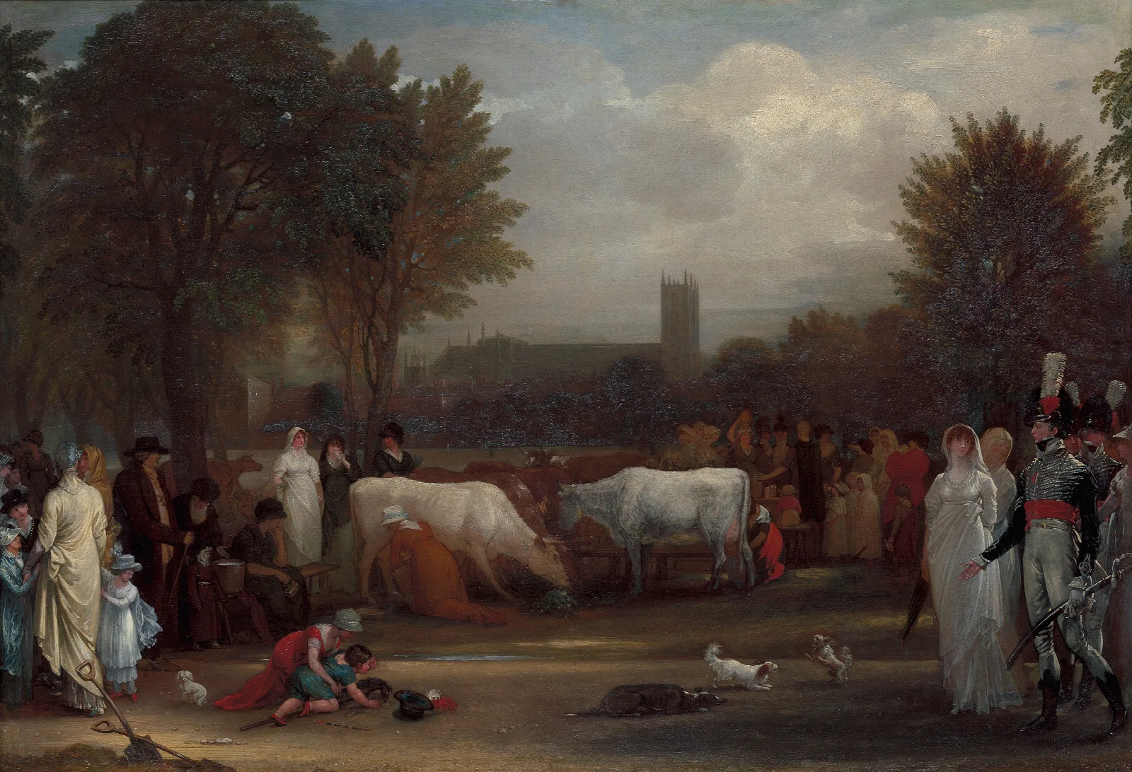 Milkmaids In St Jamess Park Westminster Abbey Beyond Wall Art by Benjamin West - Canvas Print