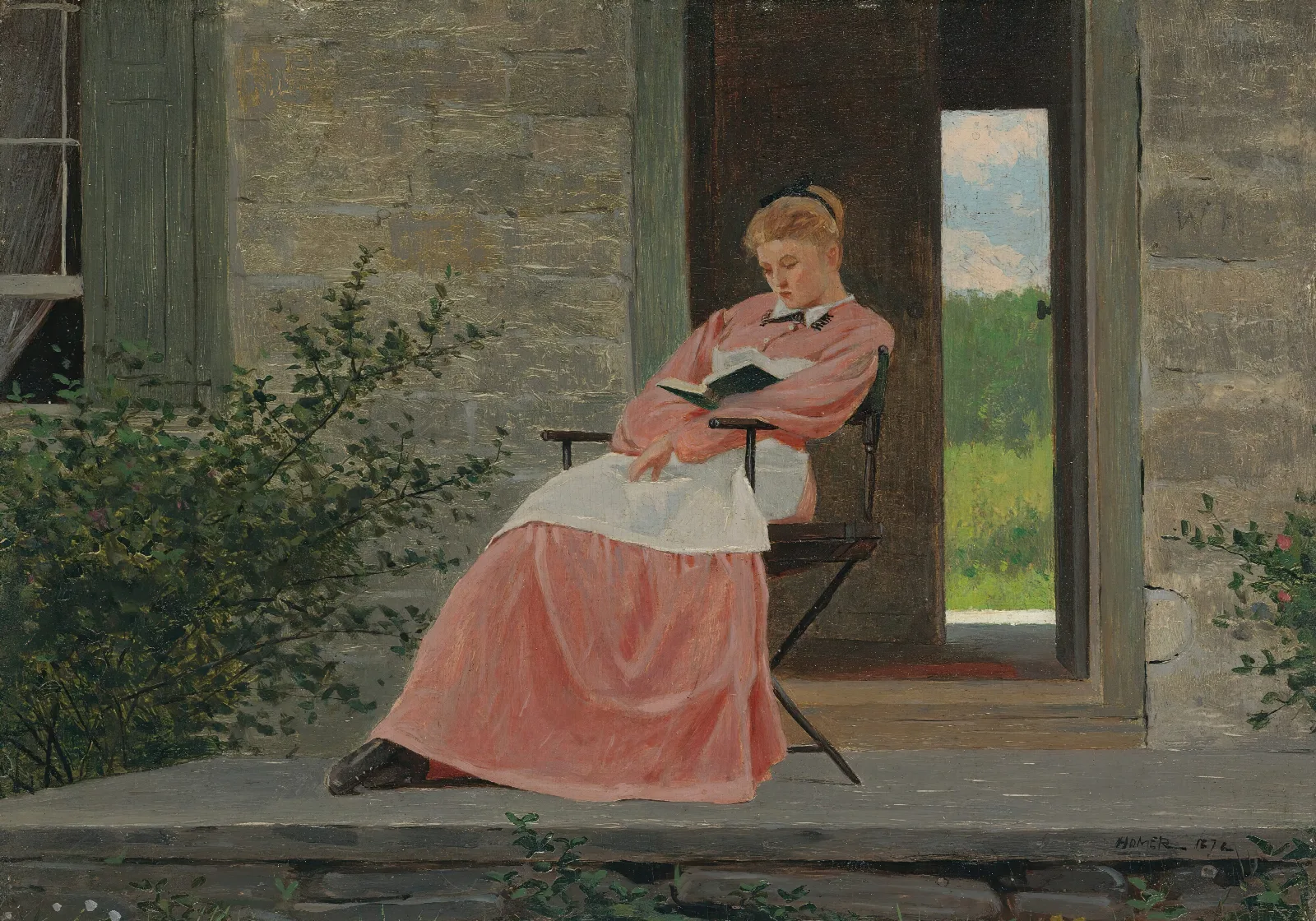 Girl Reading On A Stone Porch Wall Art by Winslow Homer - Canvas Print