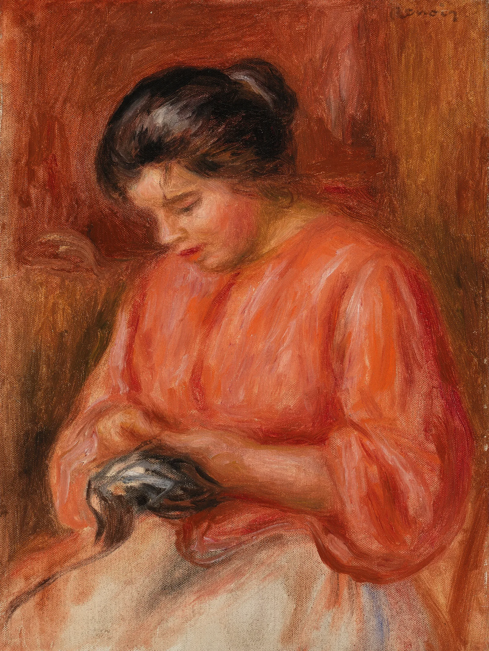Girl Darning Femme Reprisant Wall Art by Pierre-Auguste Renoir - Canvas Print