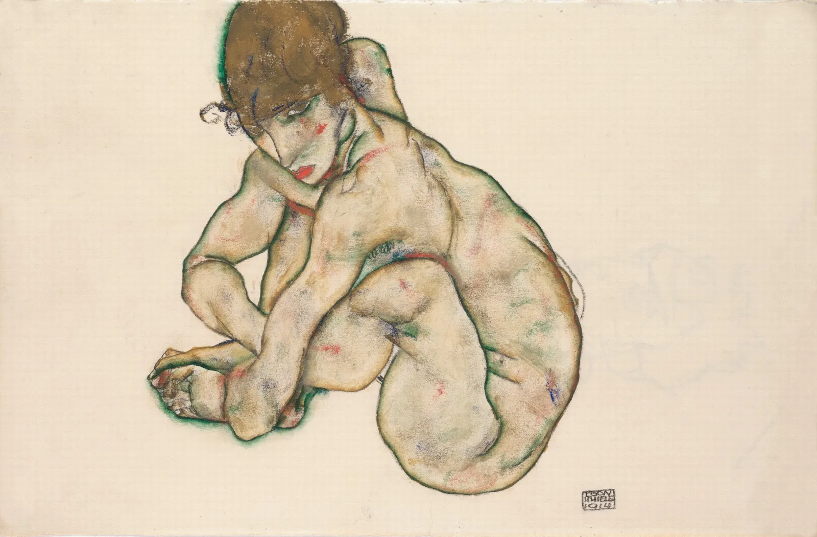 Crouching Nude Girl Wall Art by Egon Schiele - Canvas Print