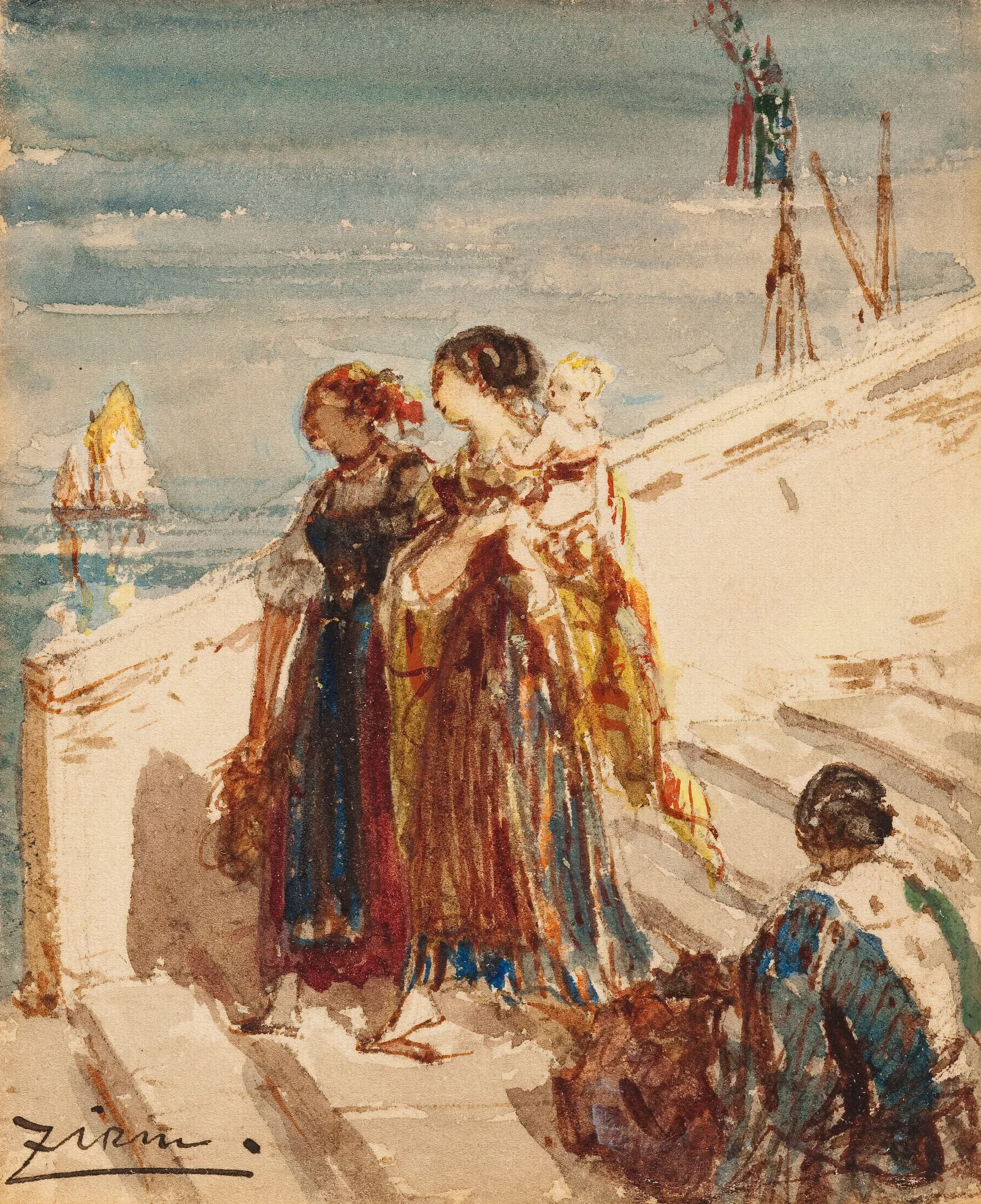 Jeunes Femmes Sur Le Pont De La Paille A Venise Wall Art by Félix Ziem - Canvas Print