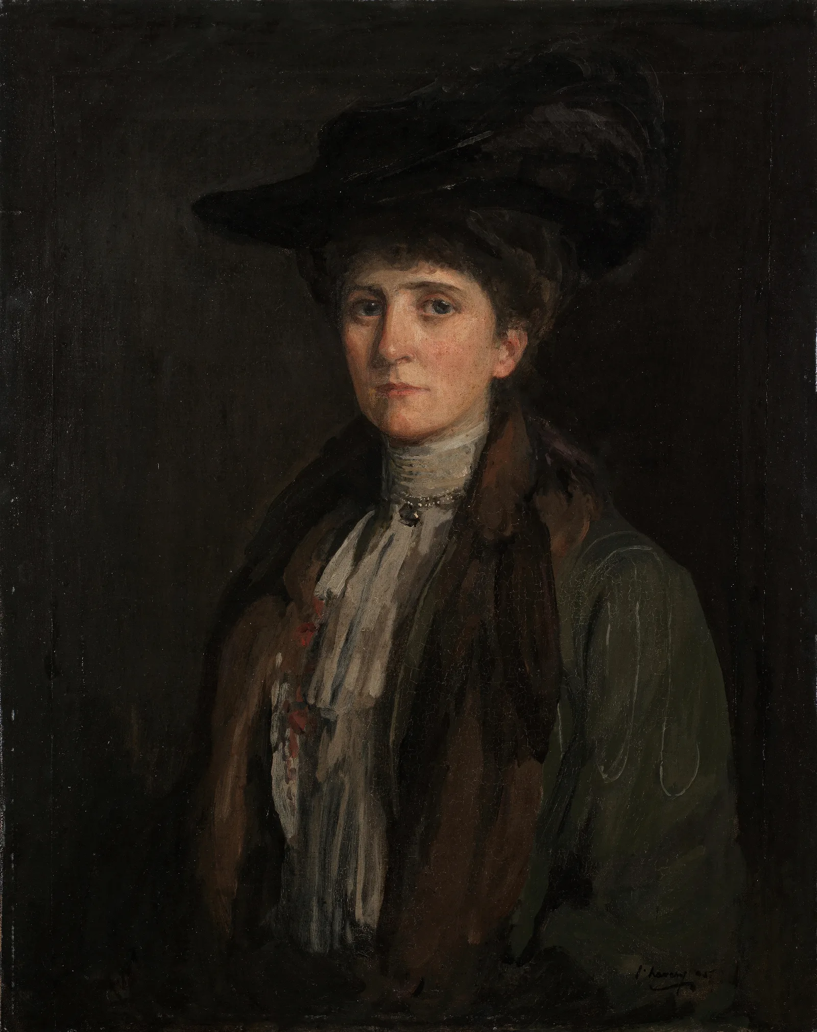 A Lady In Brown Thought To Be Margaret Edith Bannatyne Cobb Wall Art by Sir John Lavery - Canvas Print