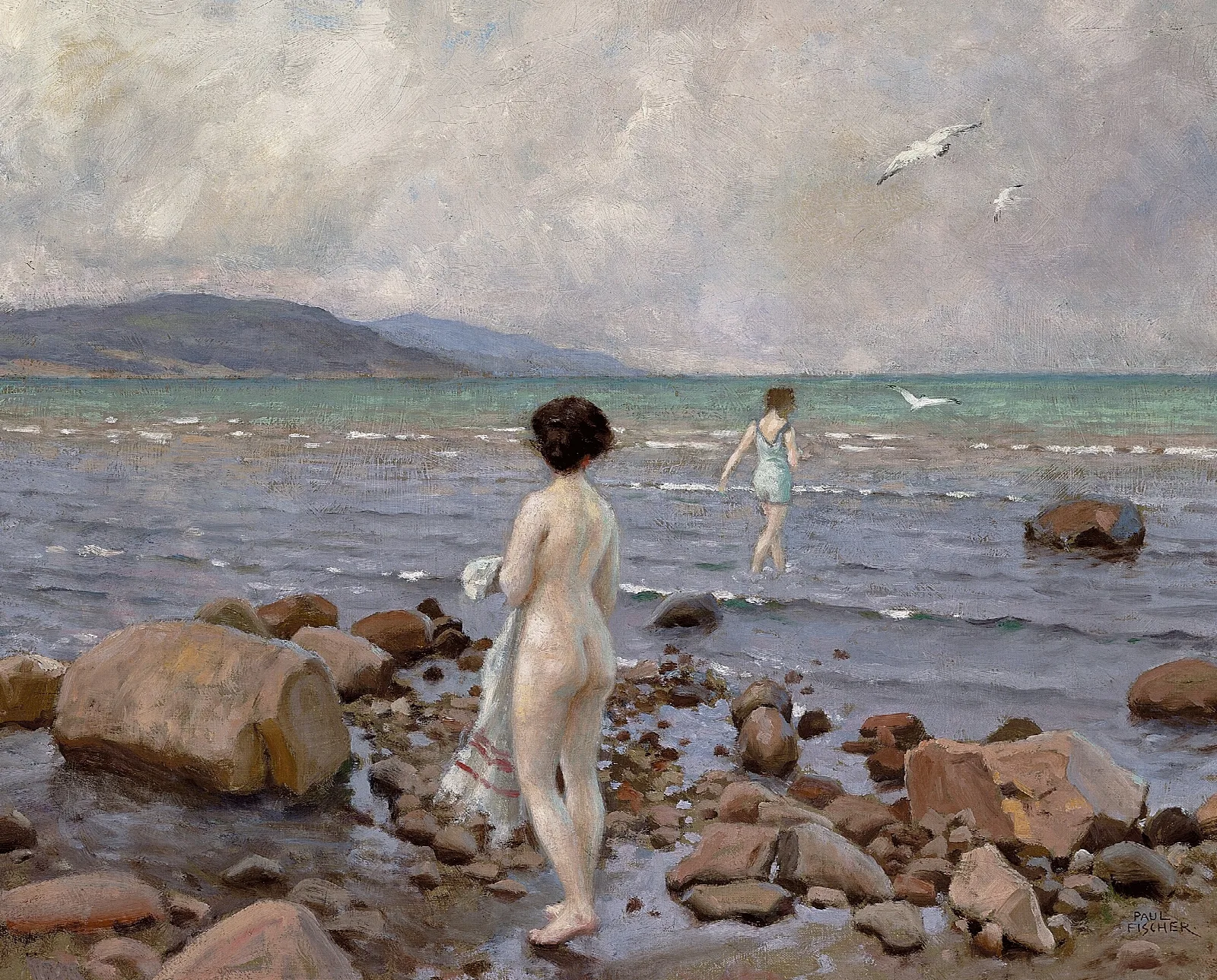 To Badepiger Pa En Stenet Strand Wall Art by Paul Fischer - Canvas Print