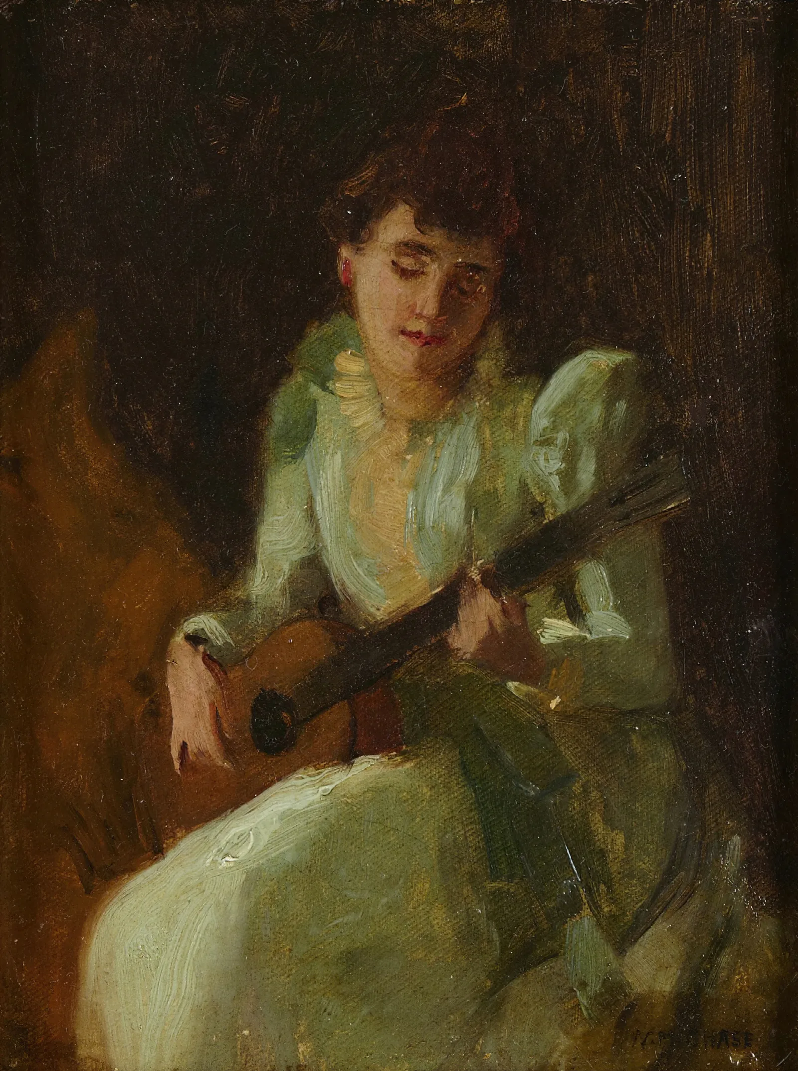 Lady Playing Guitar Wall Art by William Merritt Chase - Canvas Print