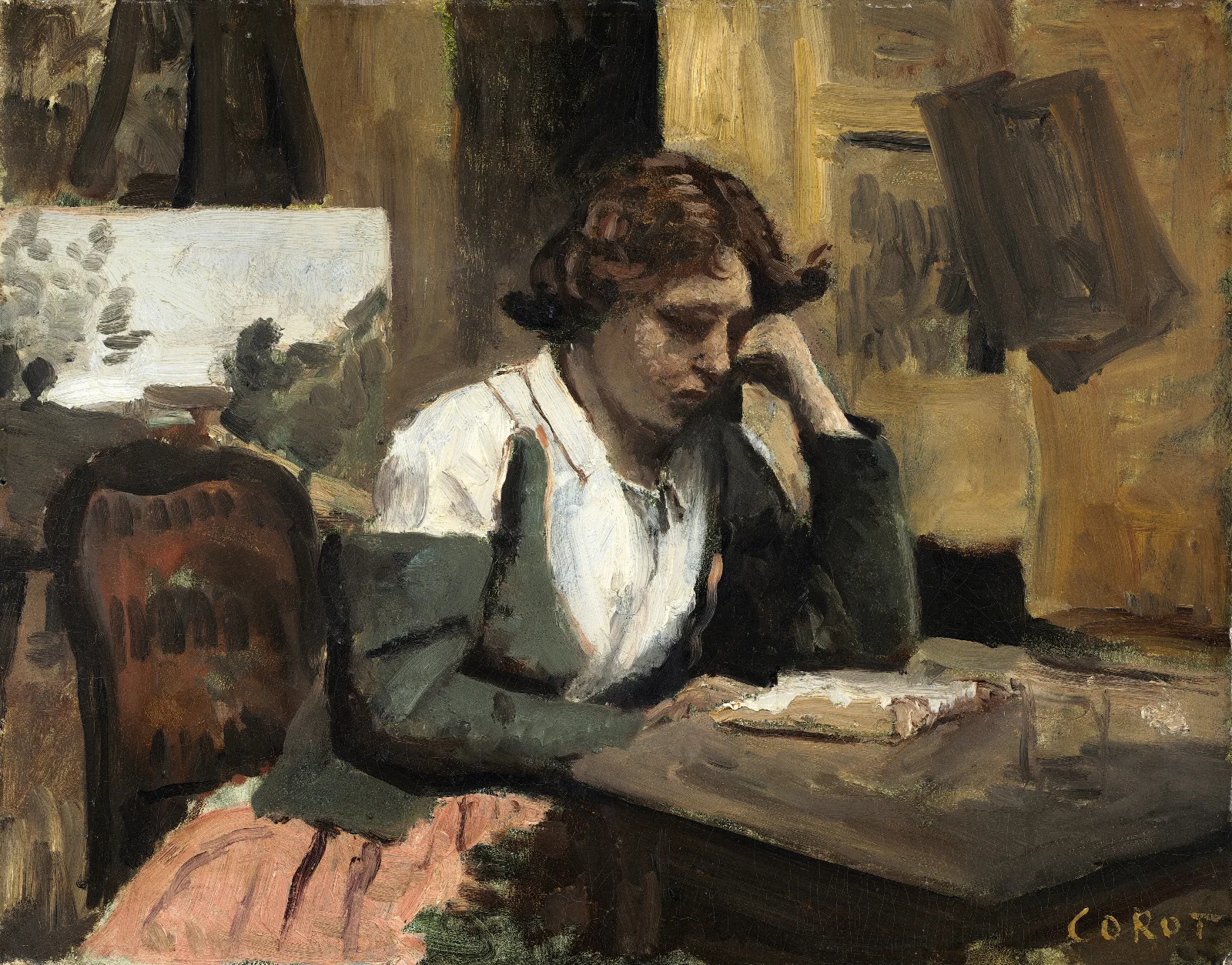 Woman Reading In The Studio Wall Art by Jean-Baptiste-Camille Corot - Canvas Print