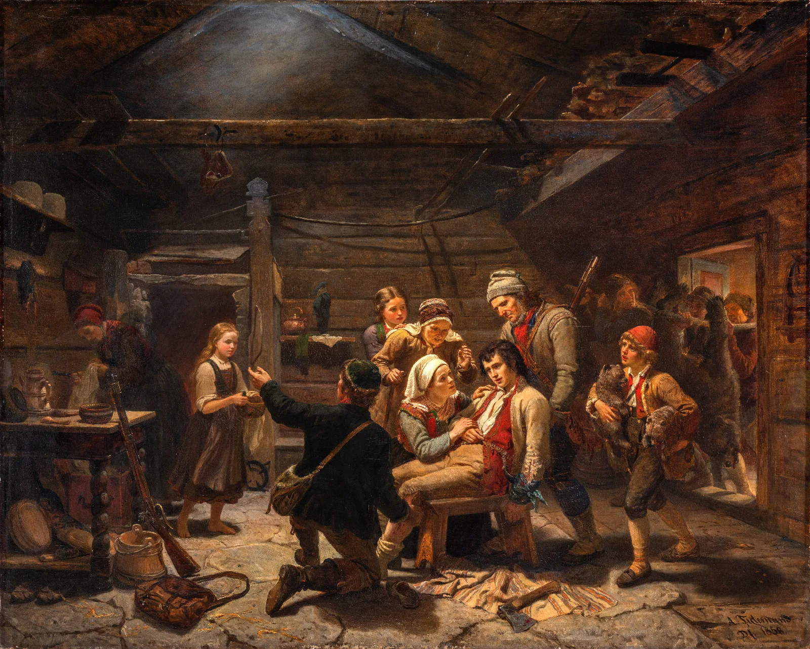 The Wounded Bear Hunter Wall Art by Adolph Tidemand - Canvas Print
