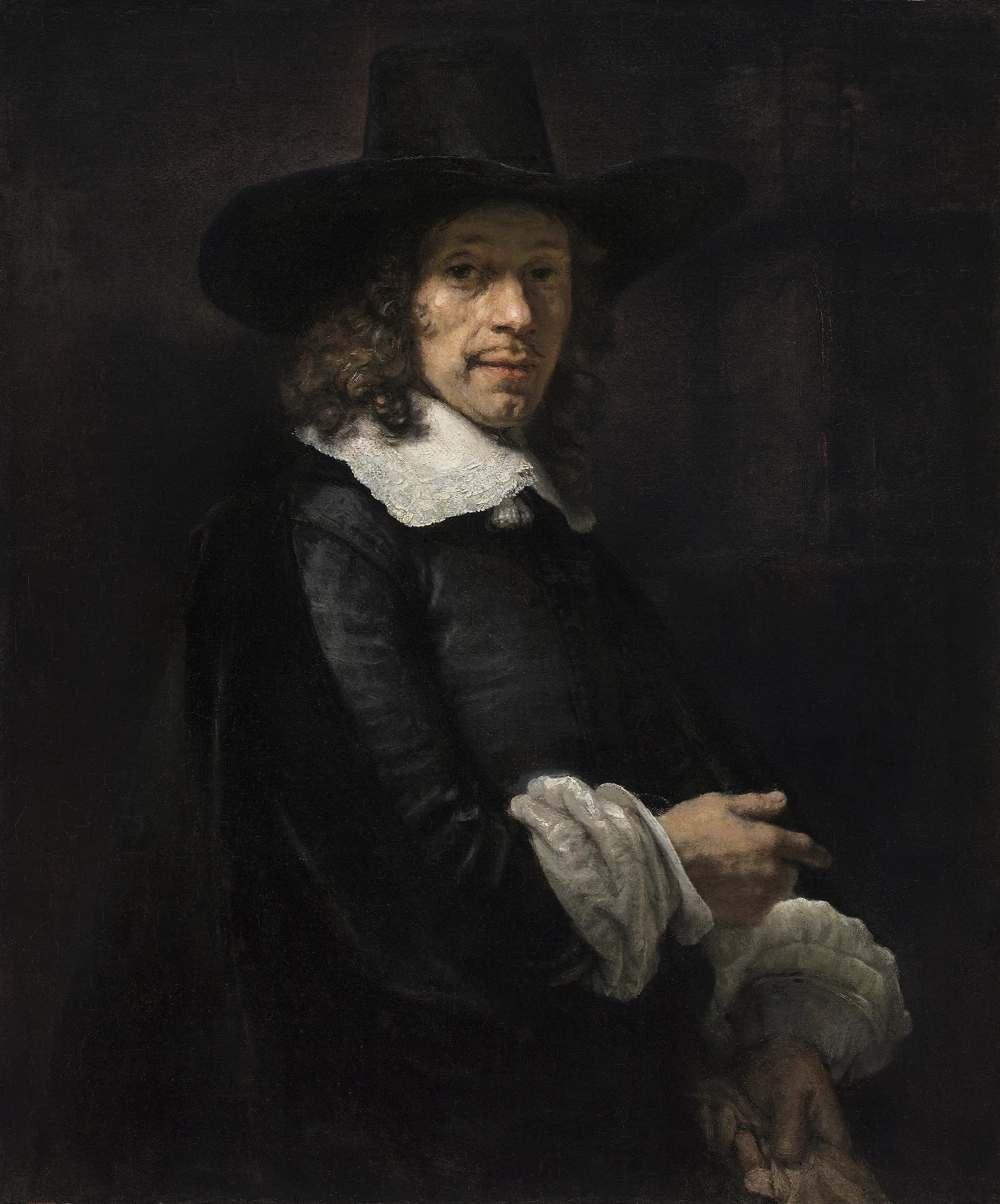 Portrait Of A Gentleman With A Tall Hat And Gloves Wall Art by Rembrandt van Rijn - Canvas Print