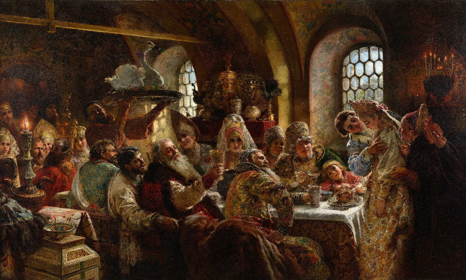 A Boyar Wedding Feast Wall Art by Konstantin Egorovich Makovsky - Canvas Print