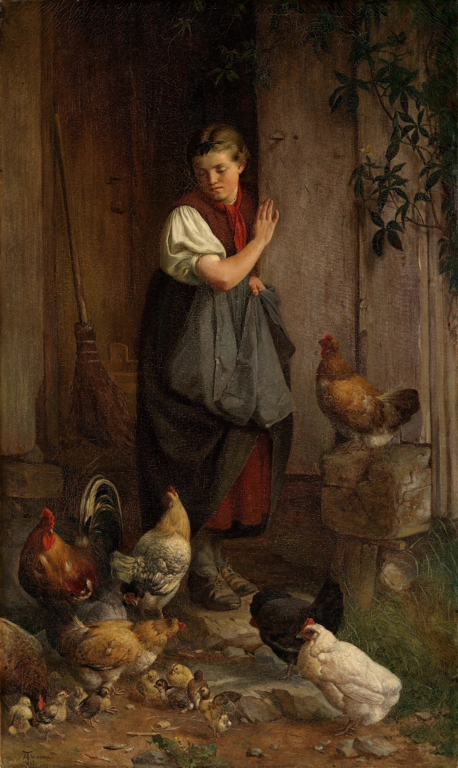 Feeding Chickens 2 Wall Art by Hans Thoma - Canvas Print