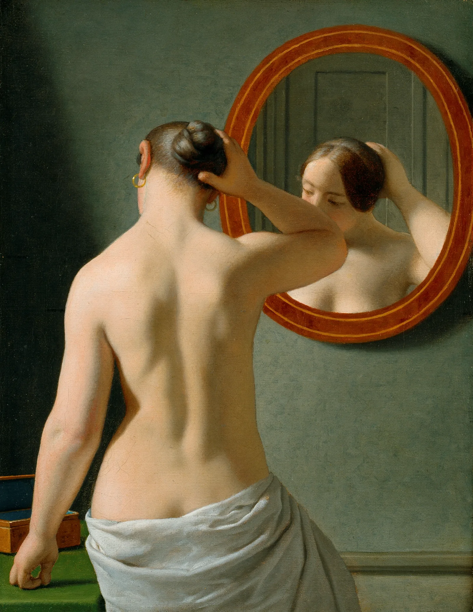 A Nude Woman Doing Her Hair Before A Mirror Wall Art by Christoffer Wilhelm Eckersberg - Canvas Print