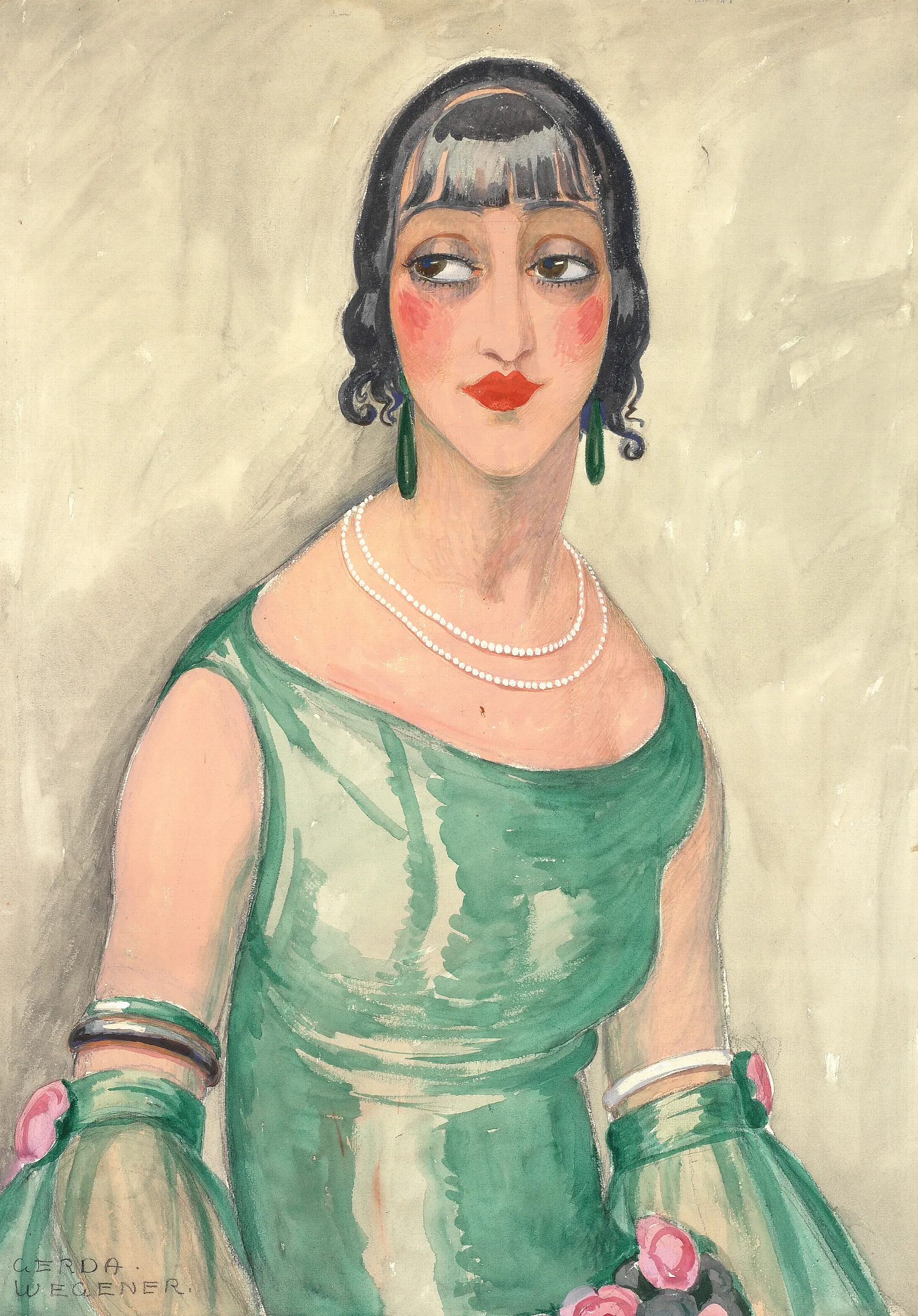 Portrait Of A Woman In Green Dress And Pearls Wall Art by Gerda Wegener - Canvas Print