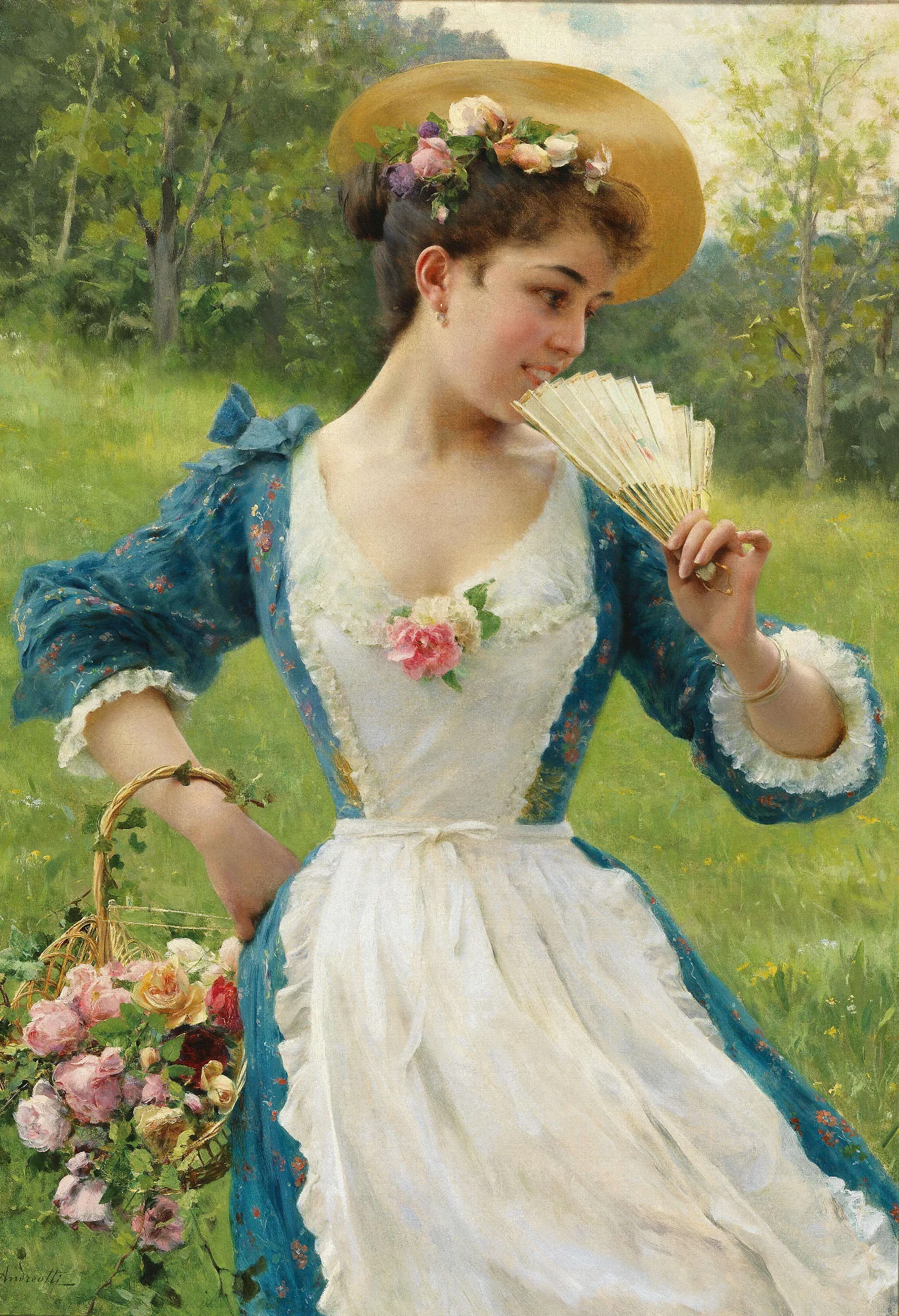 Young Beauty With A Basket Of Roses Wall Art by Federico Andreotti - Canvas Print