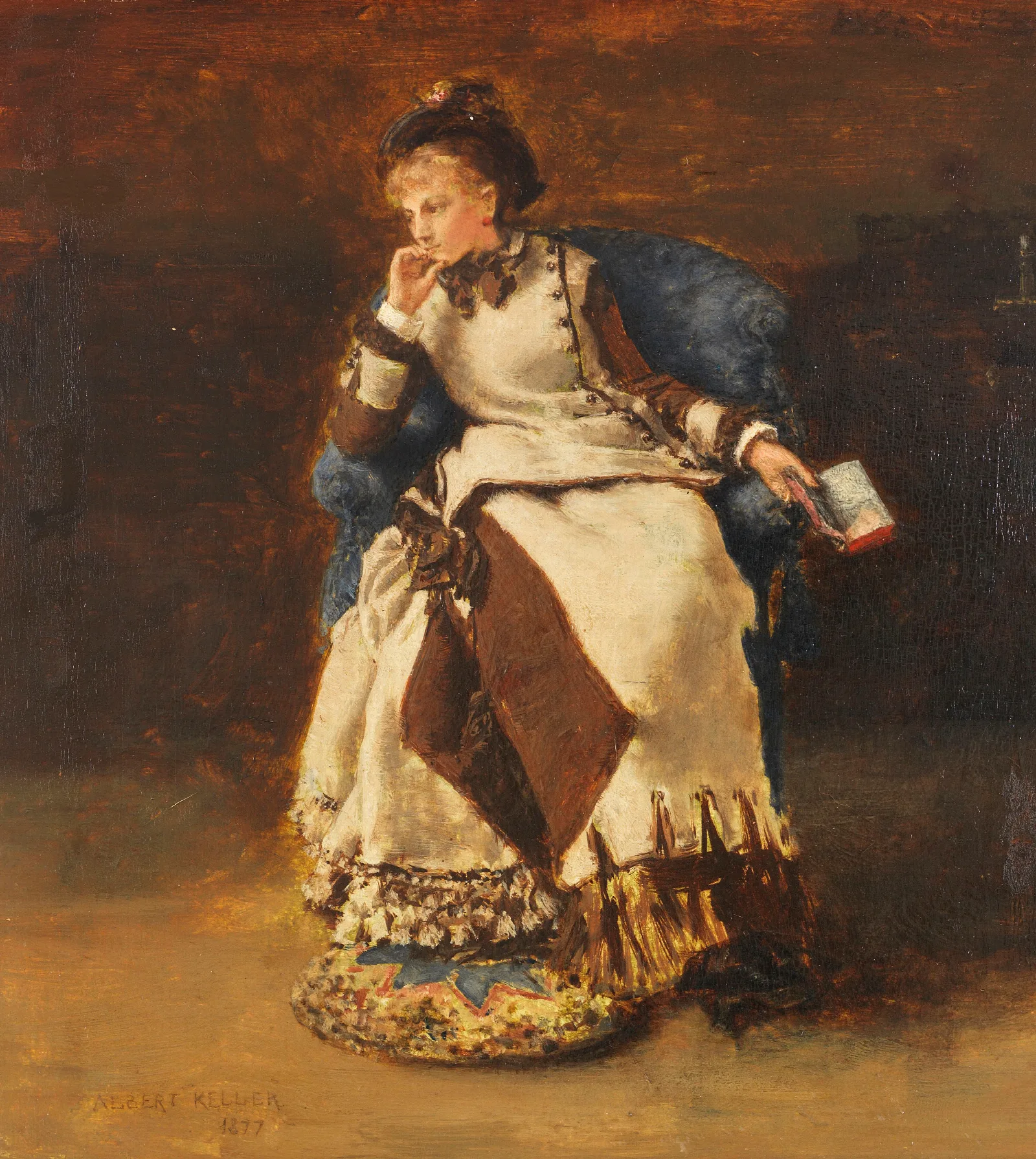 Seated Lady With A Book Wall Art by Albert von Keller - Canvas Print