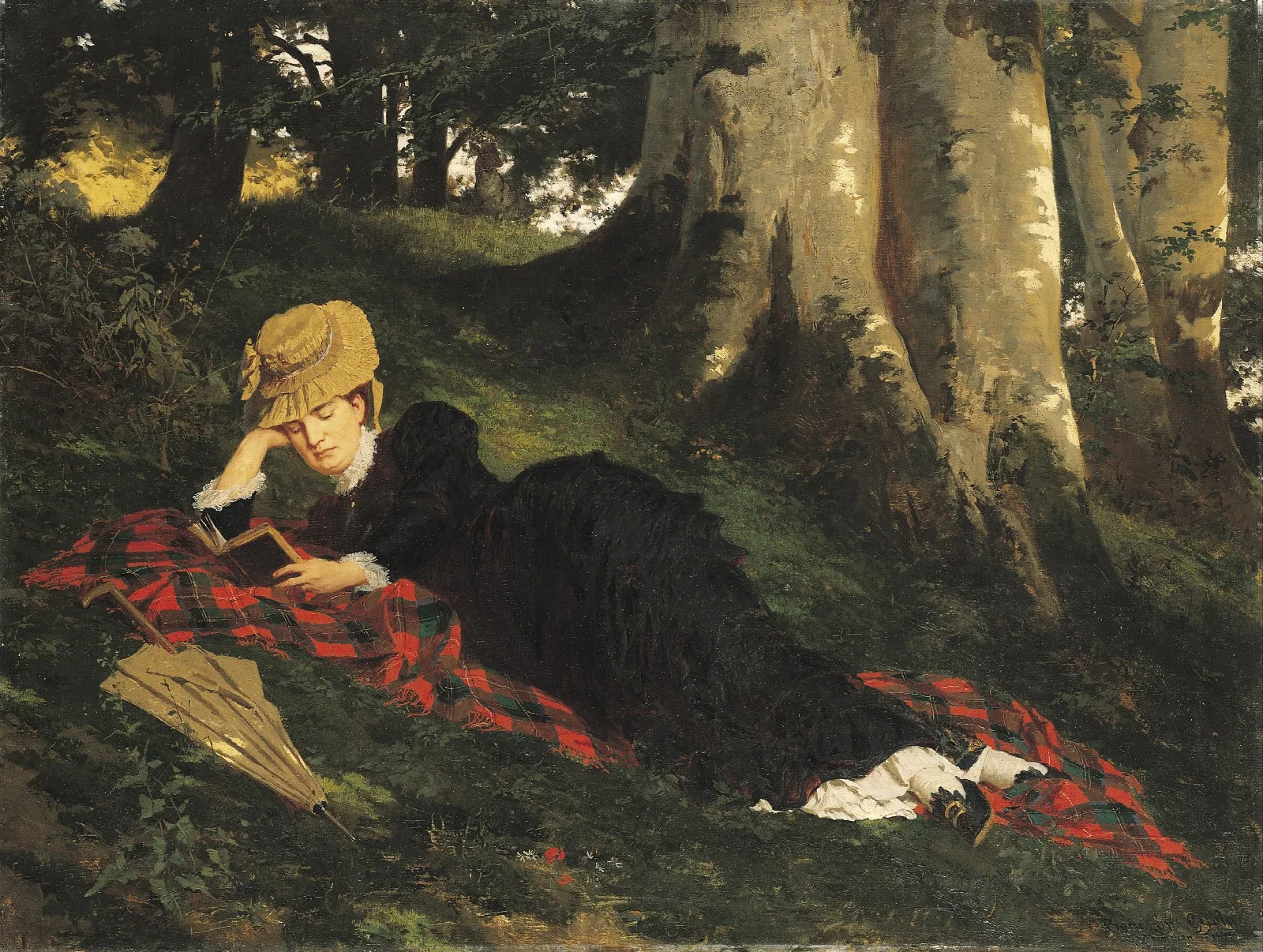 Woman Reading In A Forest Wall Art by Gyula Benczúr - Canvas Print