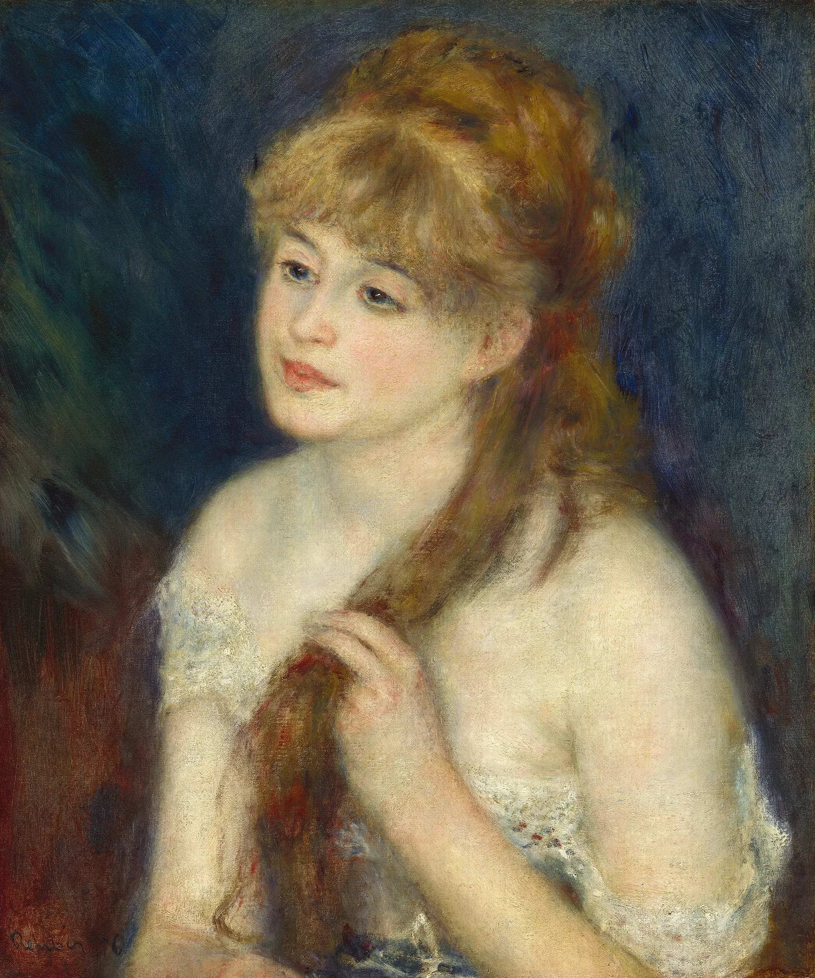 Young Woman Braiding Her Hair Wall Art by Pierre-Auguste Renoir - Canvas Print