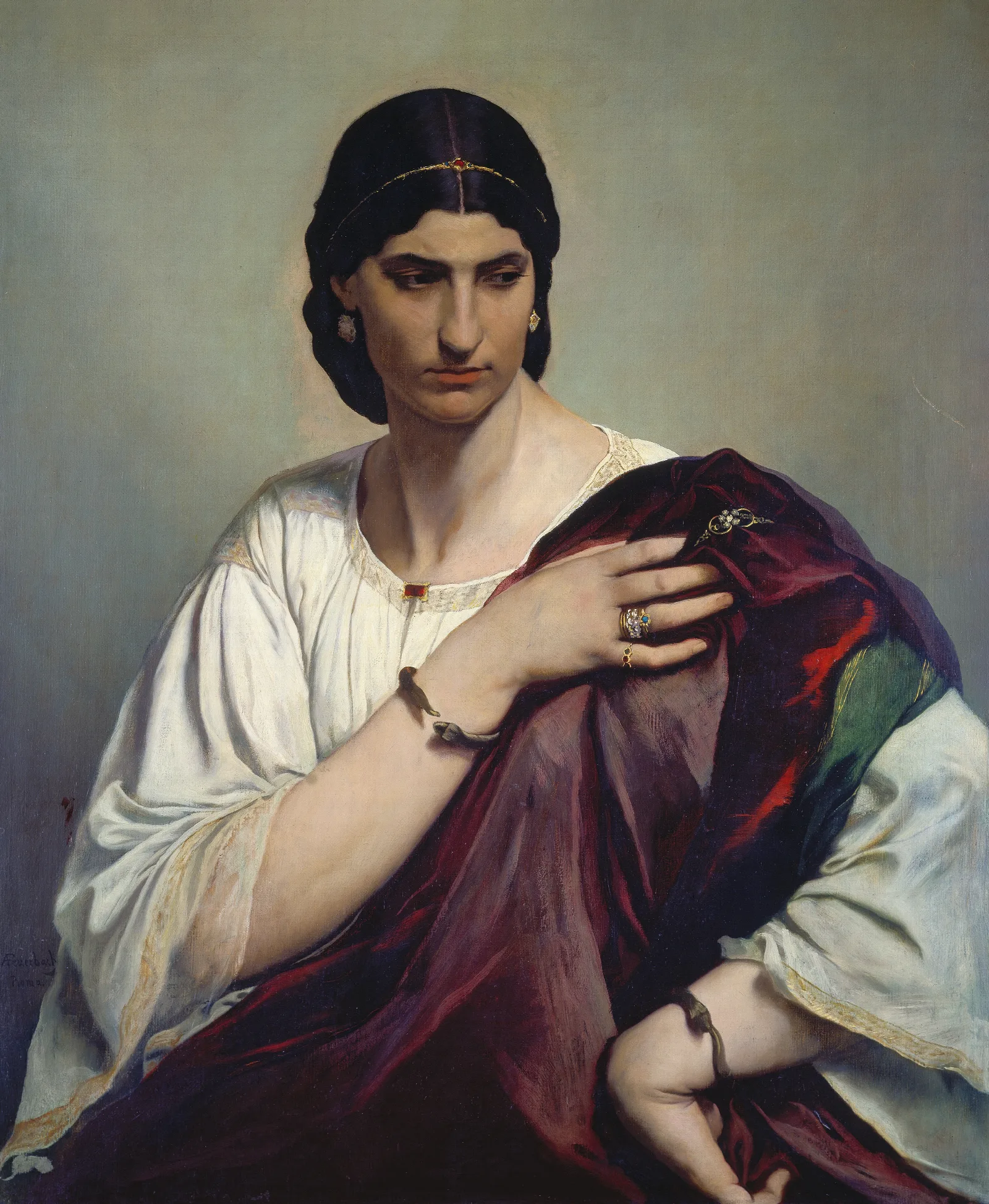 Lucrezia Borgia Portrait Of A Roman Woman In White Tunic And Red Robe Wall Art by Anselm Feuerbach - Canvas Print