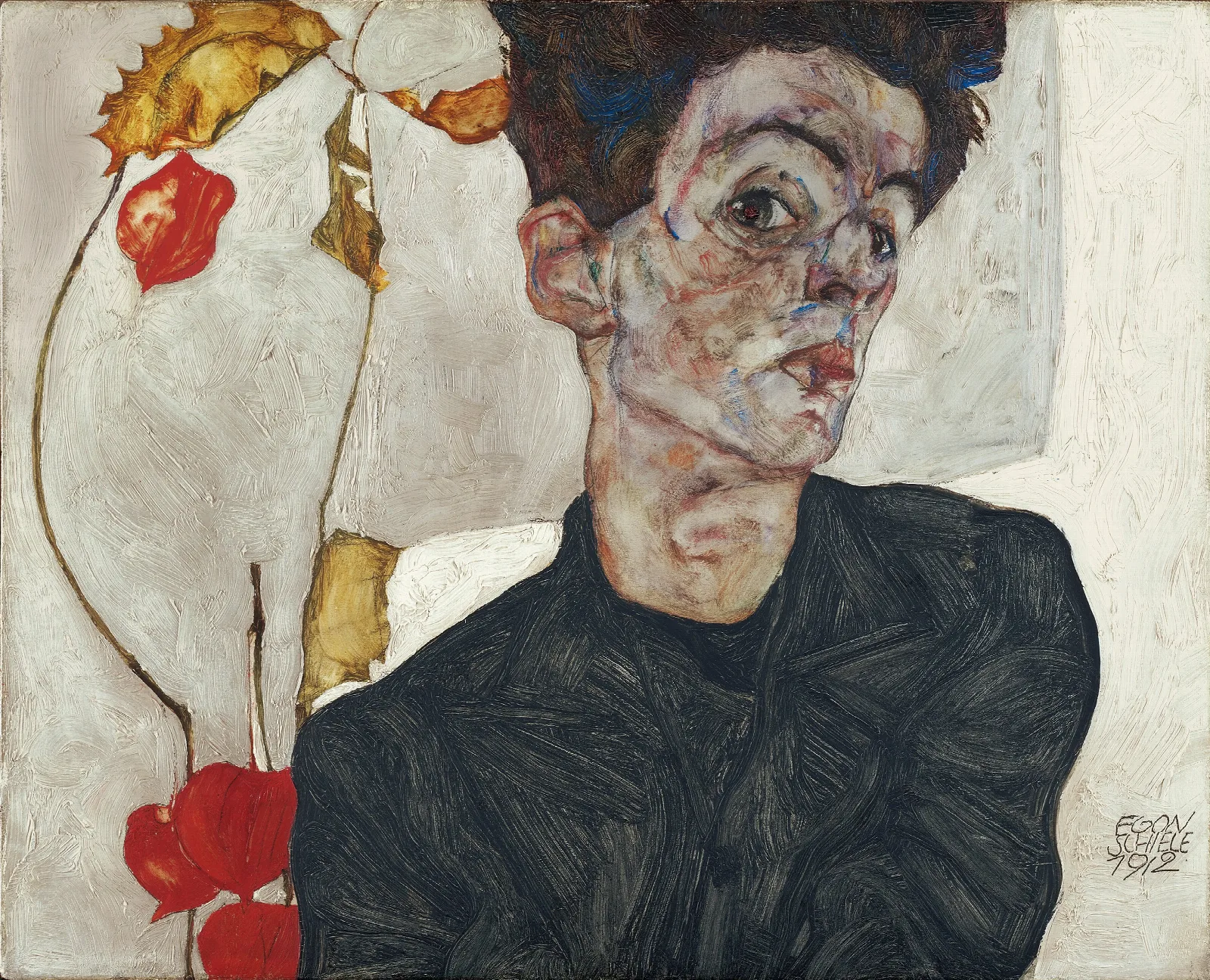 Self Portrait With Physalis Wall Art by Egon Schiele - Canvas Print