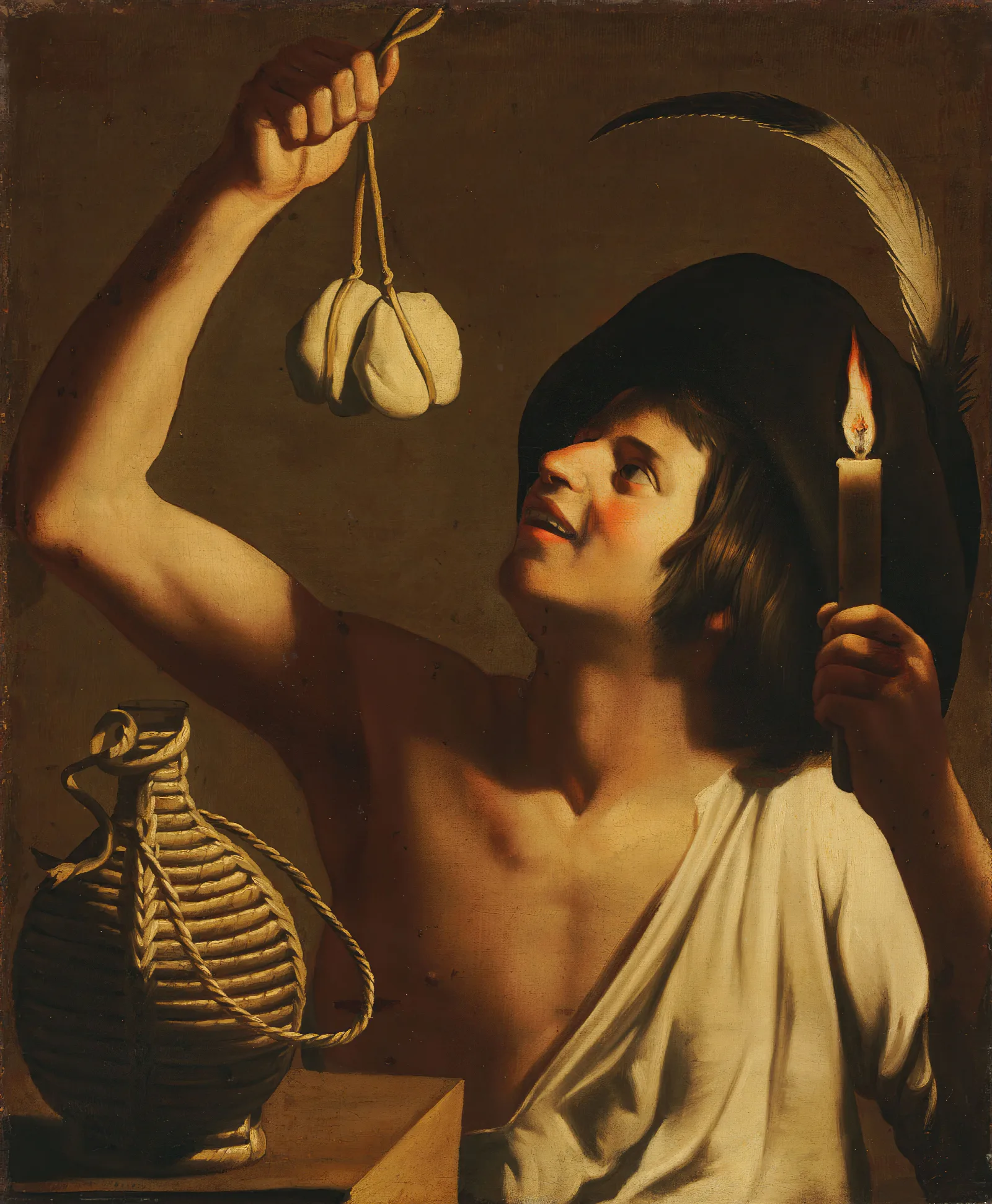 A Young Man Holding A Burning Candle And A Scamorza Cheese A Fiasco Bottle Beside Him Wall Art by Gerard van Honthorst - Canvas Print
