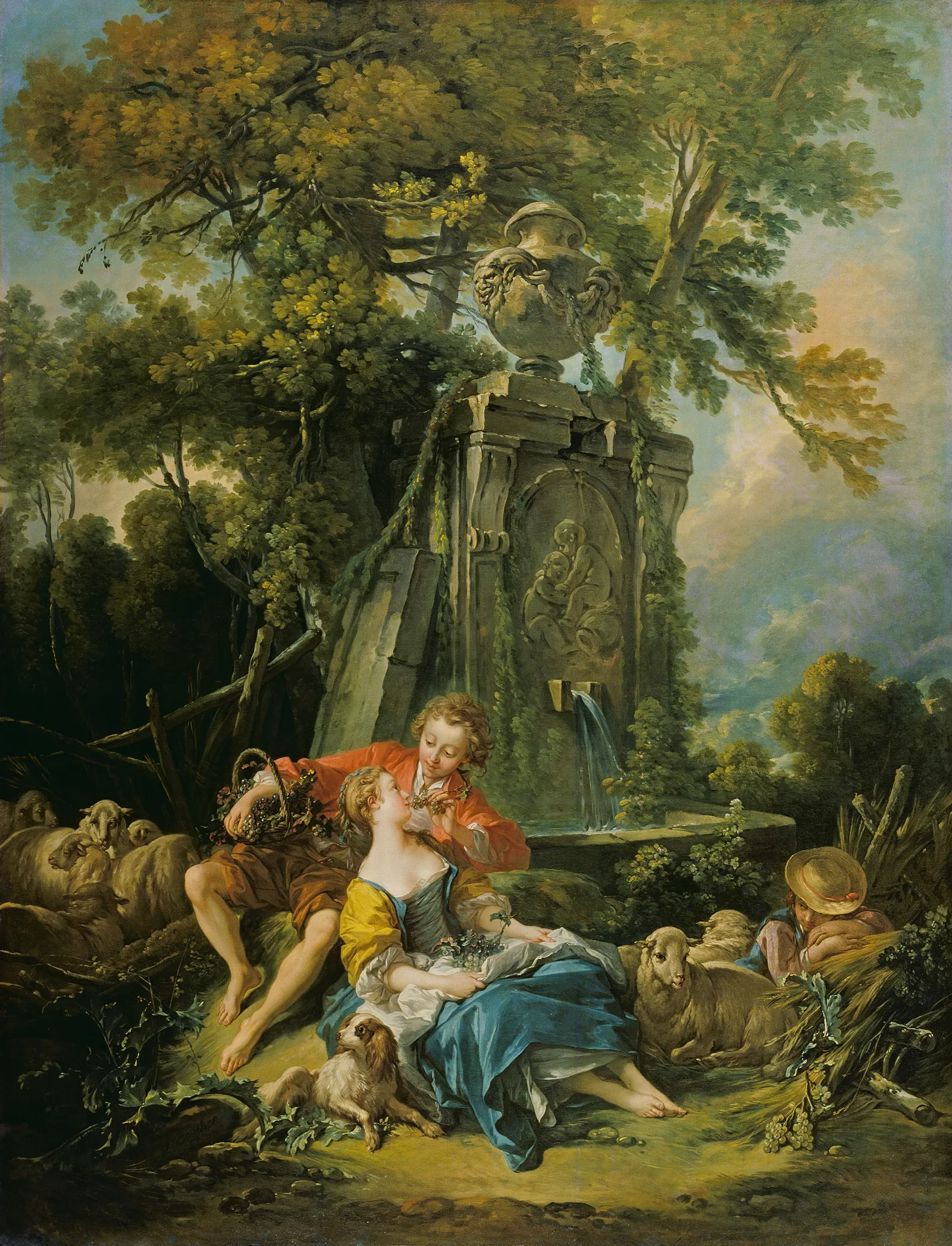Pastoral With A Couple Near A Fountain Wall Art by François Boucher - Canvas Print