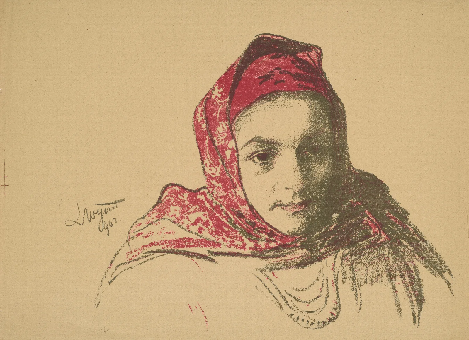 Head Of A Girl From Cracow In A Red Scarf Wall Art by Leon Wyczółkowski - Canvas Print