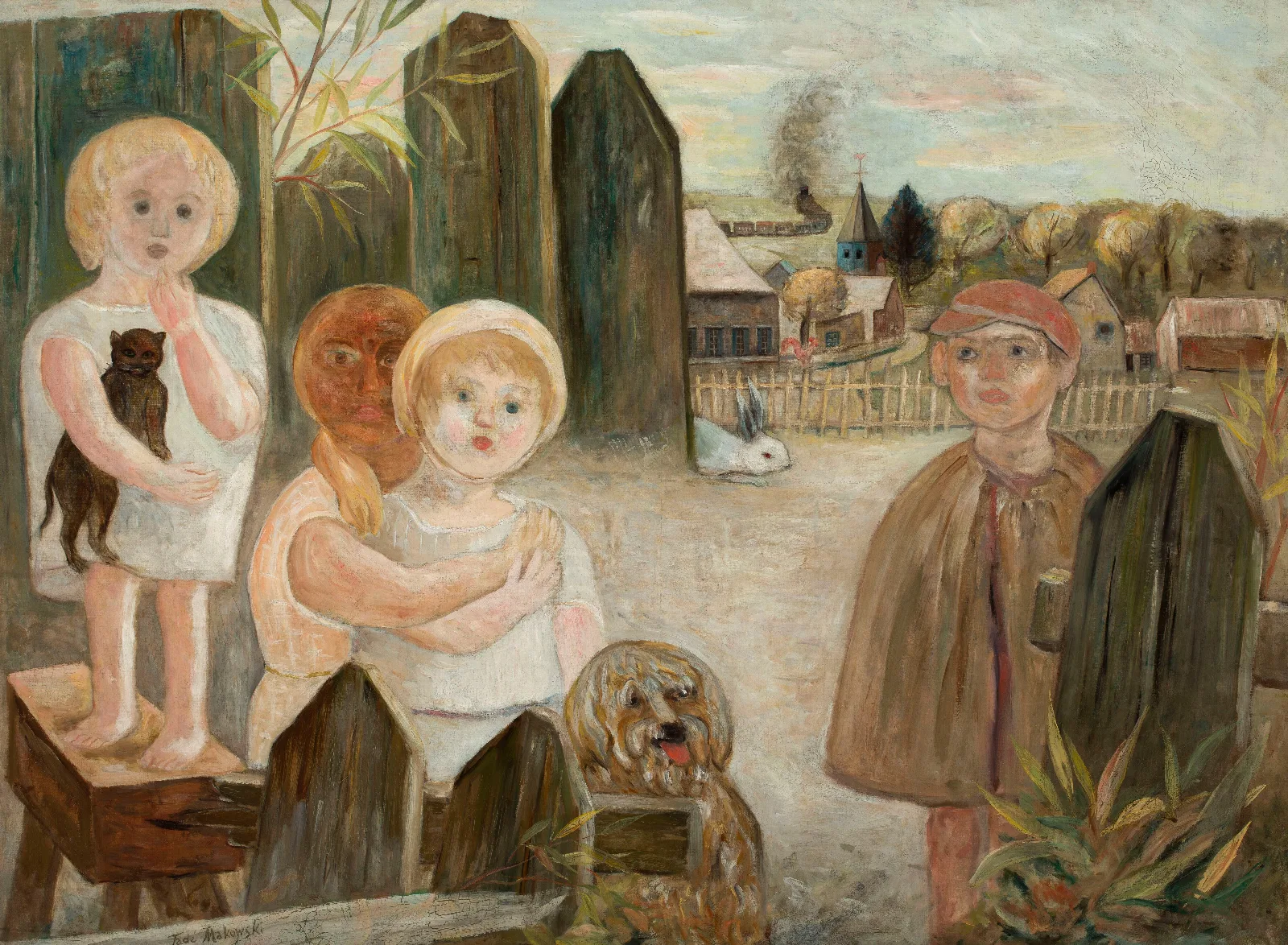 Children In A Village Backyard Wall Art by Tadeusz Makowski - Canvas Print