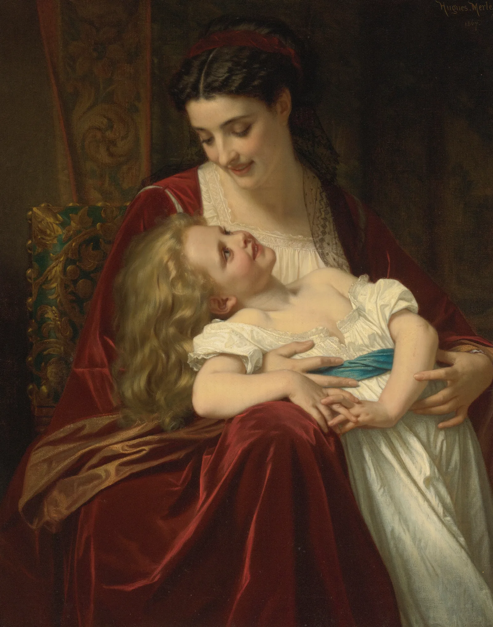 Maternal Affection Wall Art by Hugues Merle - Canvas Print