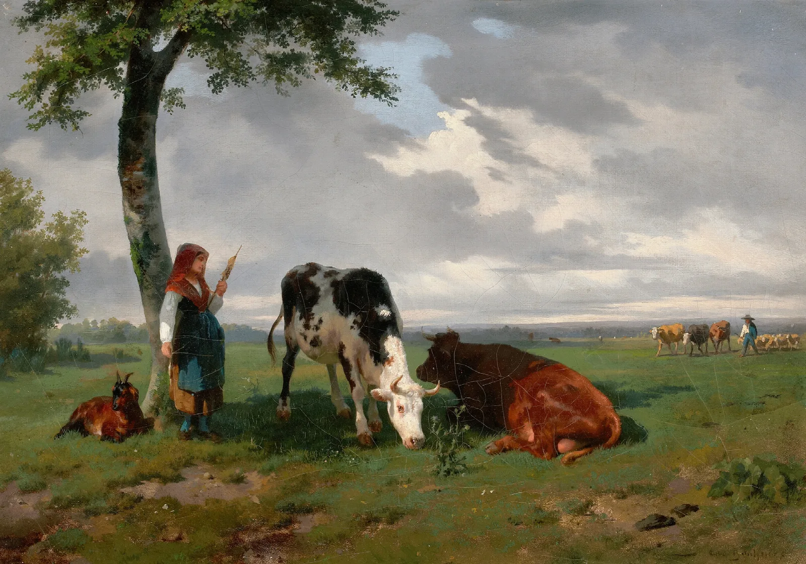 Shepherdess And Two Cows In A Meadow Wall Art by Rosa Bonheur - Canvas Print