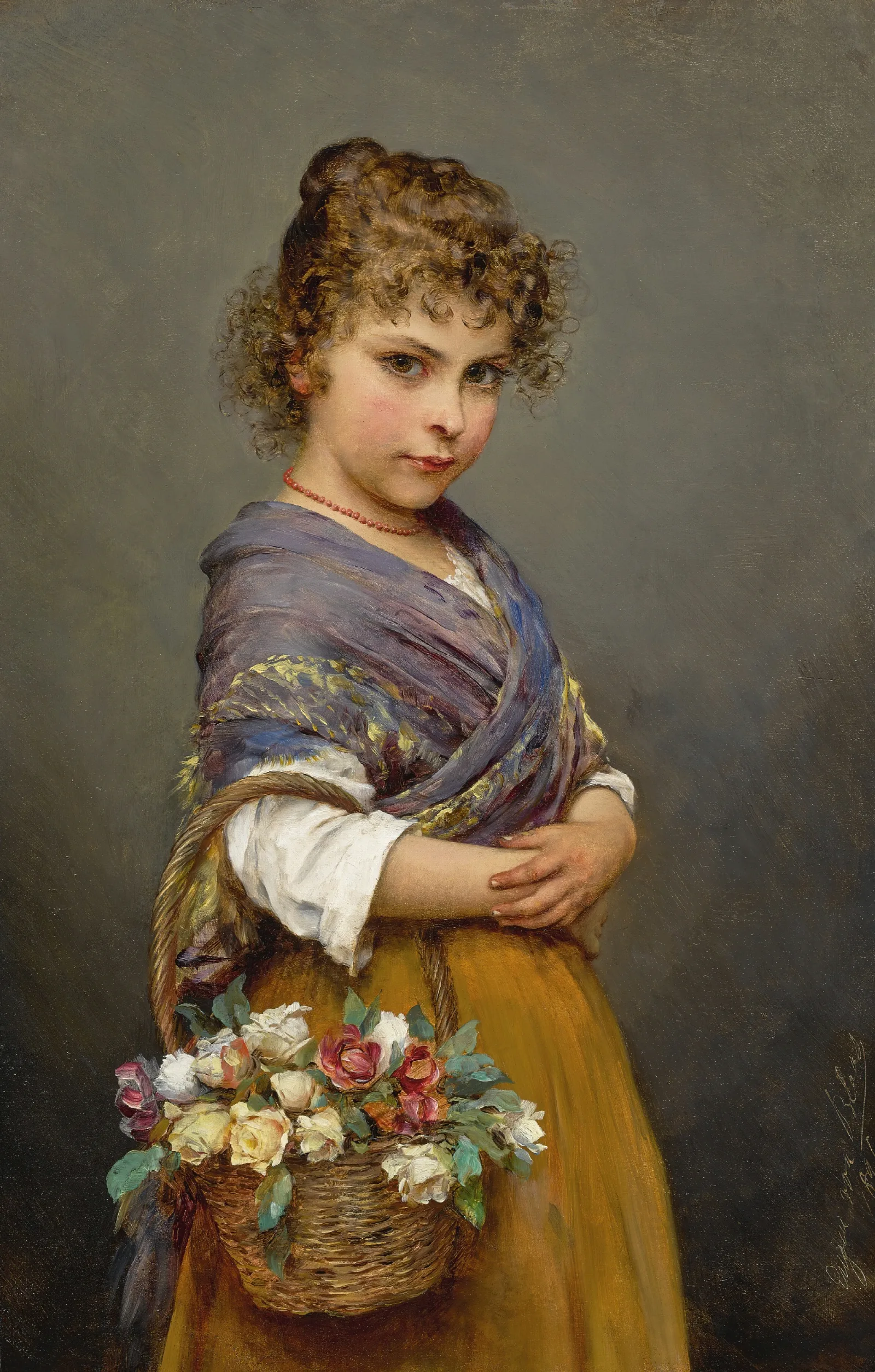 Young Girl With A Basket Of Flowers Wall Art by Eugen von Blaas - Canvas Print